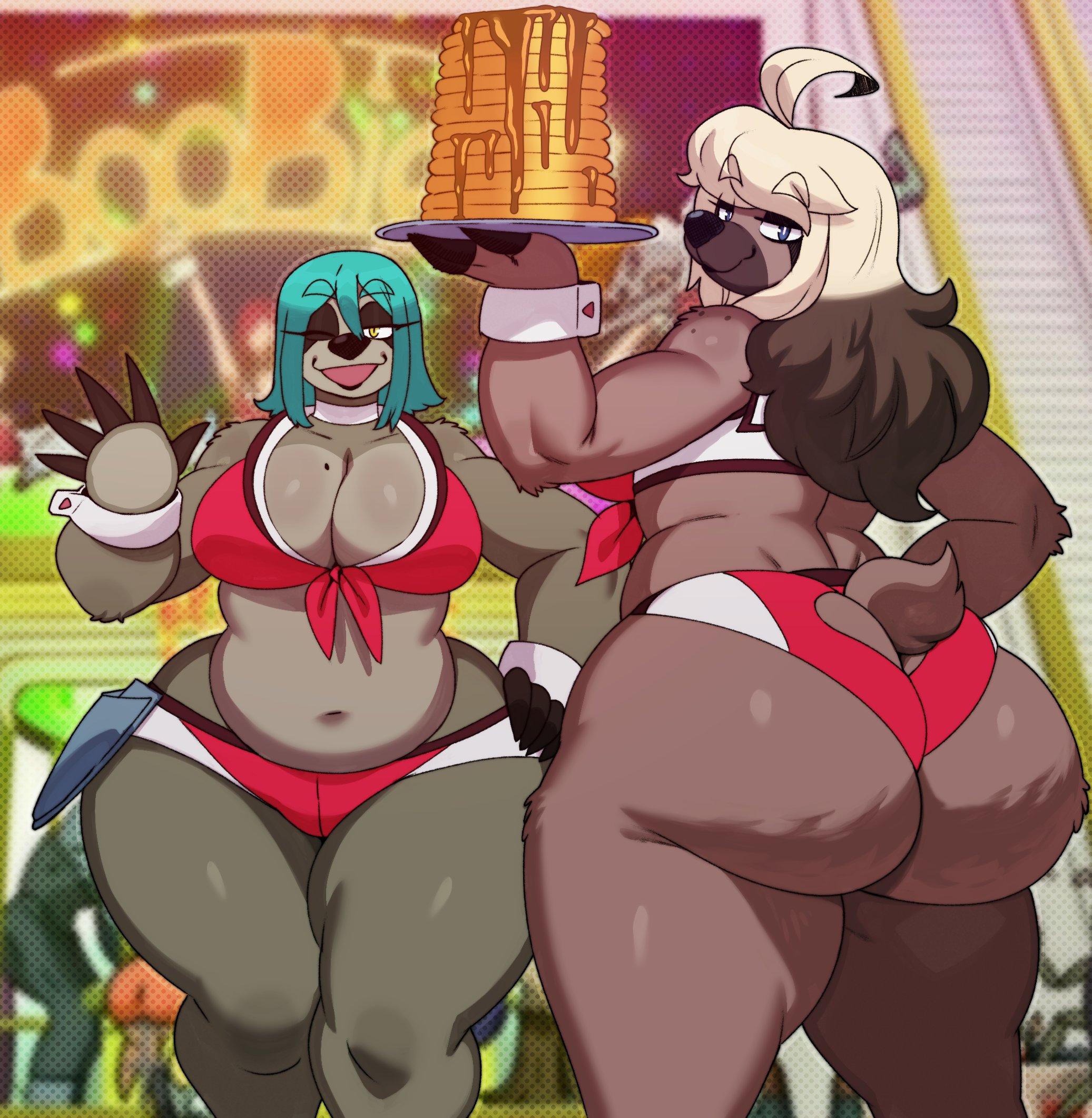 2023, anthro, ass, ass cleavage, ass crack, belly button, big ass, big breasts, blue eyes, bottomwear, breasts, brown body, butt crack, cleavage, clothed, clothing, duo, female, food, green body, green hair, hair, hand on hip, hi res, highres, jazzy (xingscourge), looking at viewer, looking back, mammal, multicolored hair, nella (sssonic2), one eye closed, pancake, seductive, seductive look, short tail, shorts, skimpy, slightly chubby, sloth, smile, space dandy, sssonic2, tail, thick thighs, topwear, tray, two-tone hair, wide hips, xenarthran, yellow eyes
