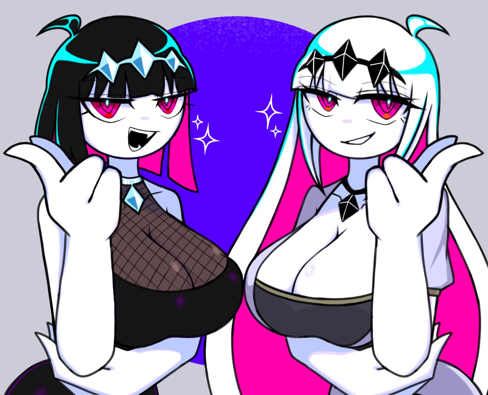 2girls, black hair, breasts, female, female only, friday night funkin, nikusa (sugarratio), tagme, white hair, yume0534