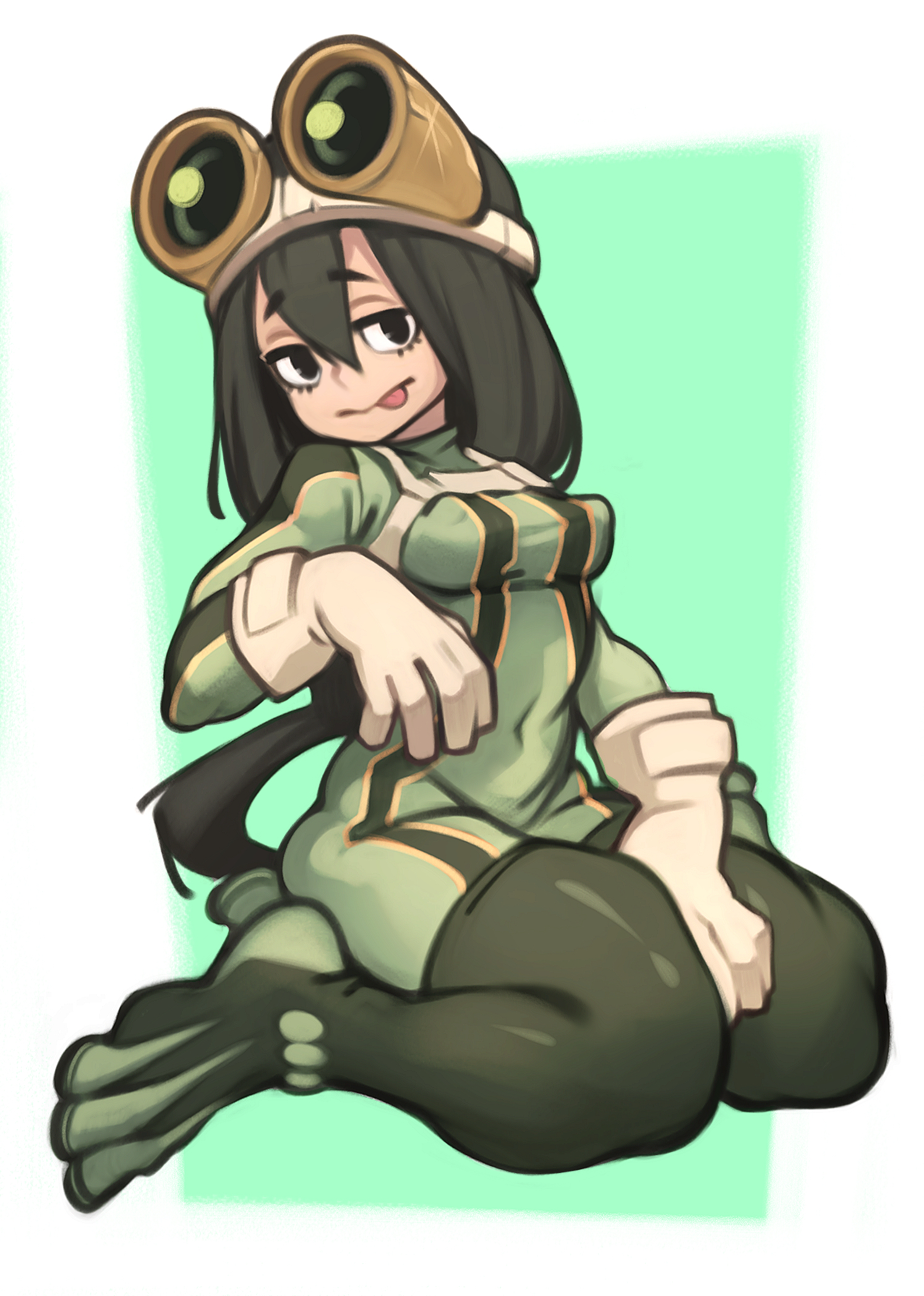 1girls, belly button, belly button visible through clothing, black eyes, black hair, bodysuit, boots, breasts, clothed, clothed female, clothes, clothing, eyelashes, eyewear, eyewear on head, feet, female, footwear, fully clothed, gloves, goggles, goggles on head, green background, green hair, green-haired female, hair, handwear, hero outfit (mha), hi res, human, legs together, legwear, lentiyay, light skin, light-skinned female, long hair, looking at viewer, medium breasts, my hero academia, navel, navel visible through clothes, nipple bulge, nipples, simple background, sitting, skin tight, solo, thick thighs, thigh boots, thighhighs, thighs, tight clothing, tongue, tongue out, tsuyu asui, white background, wide hips