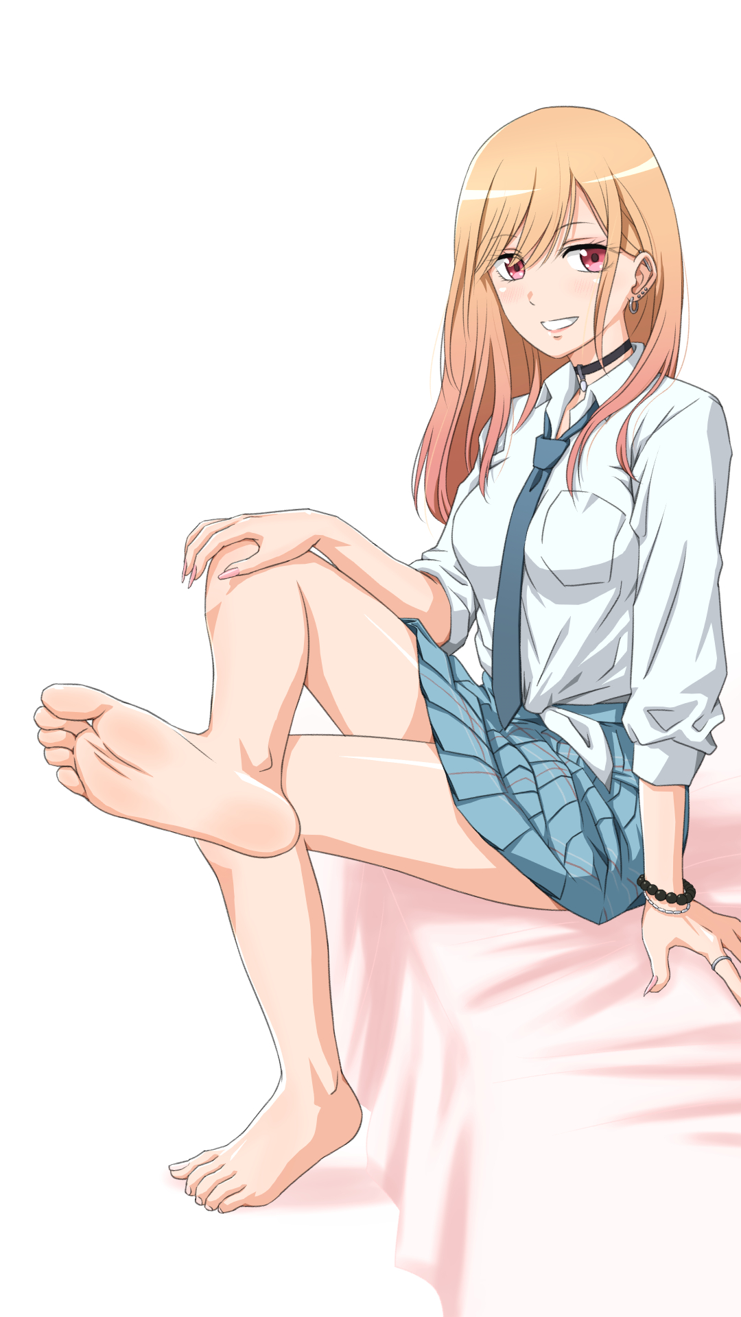 1girls, barefoot, bed, blonde hair, curvaceous, curvy, curvy body, curvy female, curvy figure, feet, female, female focus, female human feet, female only, foot fetish, gyaru, happy, human, human only, kitagawa marin, light skin, light-skinned female, limi edi, long fingernails, long hair, red eyes, simple background, smile, soles, solo, sono bisque doll wa koi wo suru, toes, white background, young