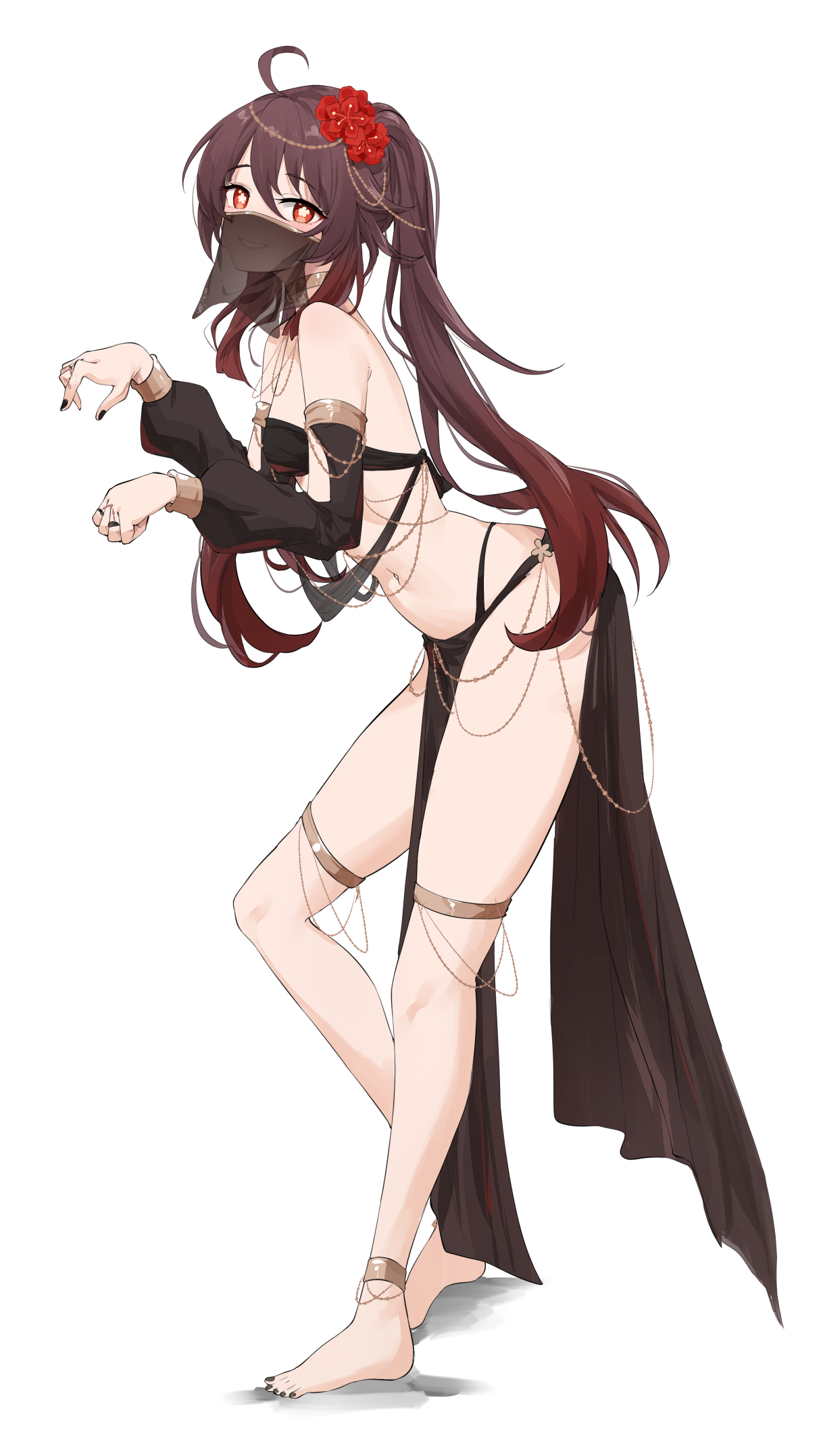 1girls, barefoot, belly dancer, belly dancer outfit, black nails, brown hair, feet, feintheart721, female, female only, genshin impact, hu tao (genshin impact), legs, looking at viewer, mask, nail polish, red eyes, revealing clothes, skirt, solo, toes, twintails, veil