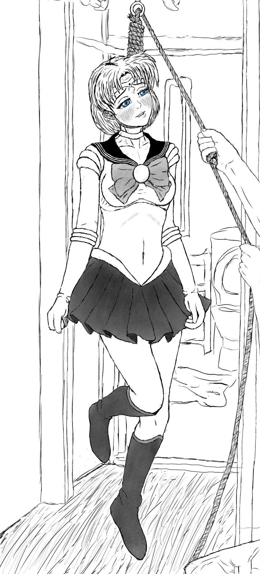 1girls ami_mizuno asphyxiation bishoujo_senshi_sailor_moon black_and_white blue_eyes boots clothing death dying female_death guro hanged m0zg monochrome noose sailor_mercury skirt small_breasts snuff tears toilet