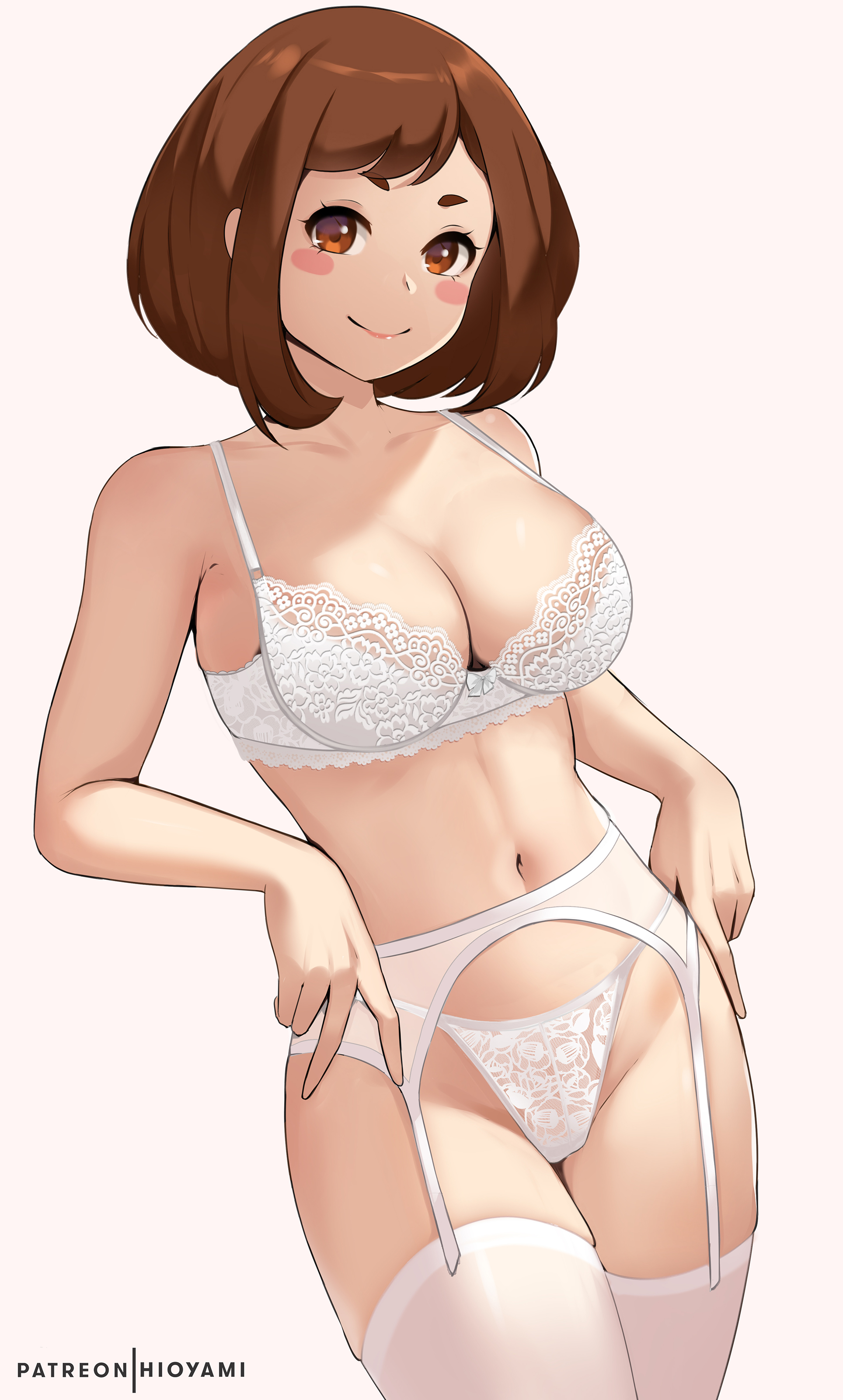 1girls, alternate costume, belly button, blush, bra, breasts, brown eyes, brown hair, brown-haired female, female, female only, garter belt, garter straps, hioyami, lace-trimmed bra, lace-trimmed panties, large breasts, light skin, light-skinned female, lingerie, looking at viewer, my hero academia, ochako uraraka, panties, short hair, smile, socks, solo, solo female, thigh socks, thighhighs, white bra, white lingerie, white panties, white socks