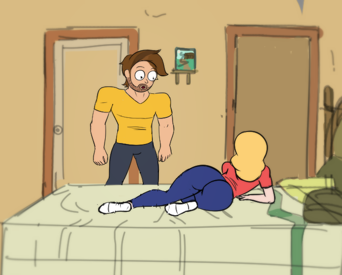 1boy, 1girls, 2d, ass, bed, beth smith, blonde hair, brown hair, curvy, diklonius, female, huge ass, low res, male, meme, milf, morty smith, mother, rick and morty, rogue dat ass (meme), simple background, sketch, son, thick ass