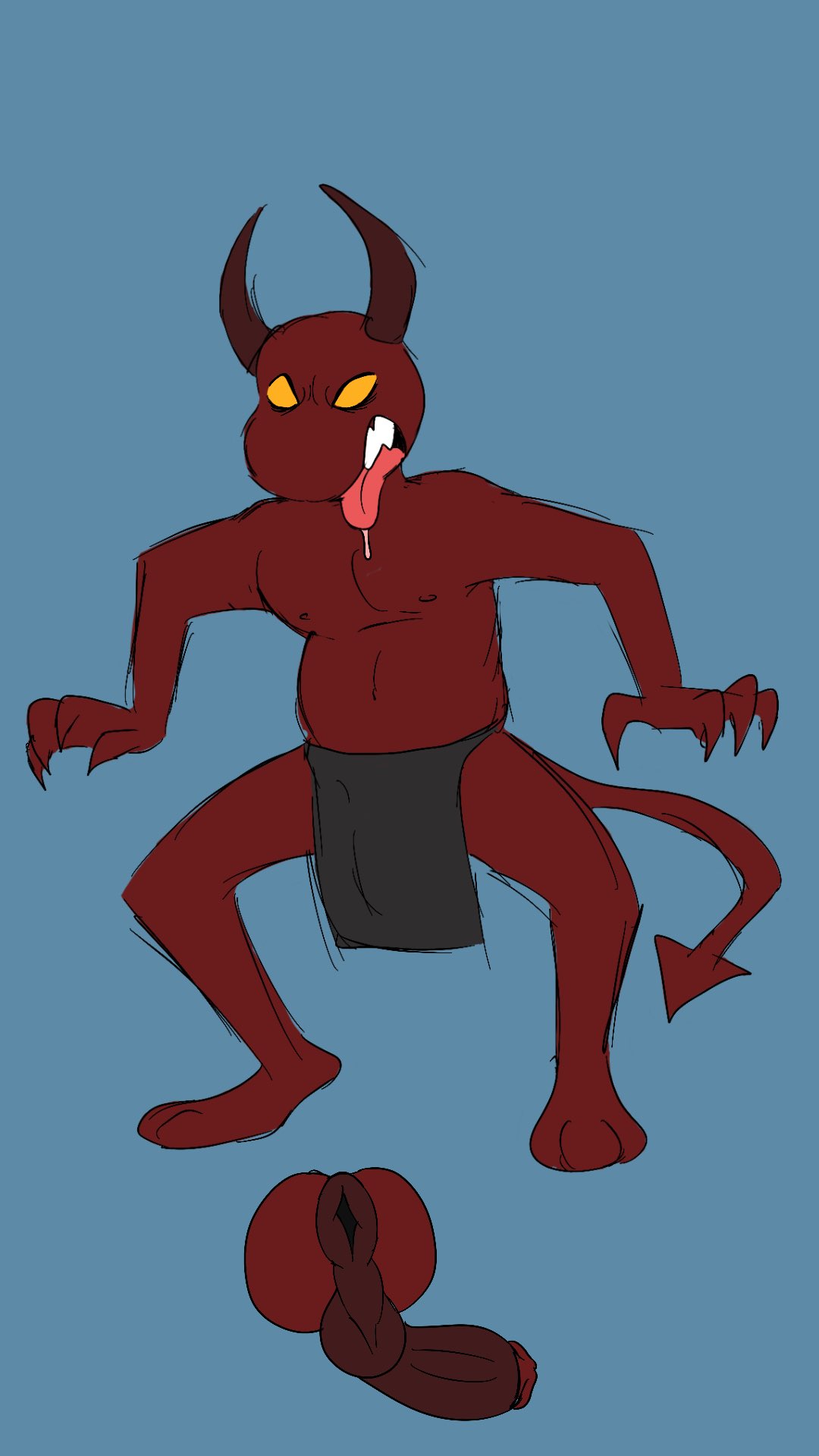 anthro anus balls big_anus big_balls big_penis bottomwear bulge claws clothing demon gaping gaping_anus genitals hi_res horn jordanwolfie jordo_(artist) loincloth male penis slightly_chubby tail tongue tongue_out