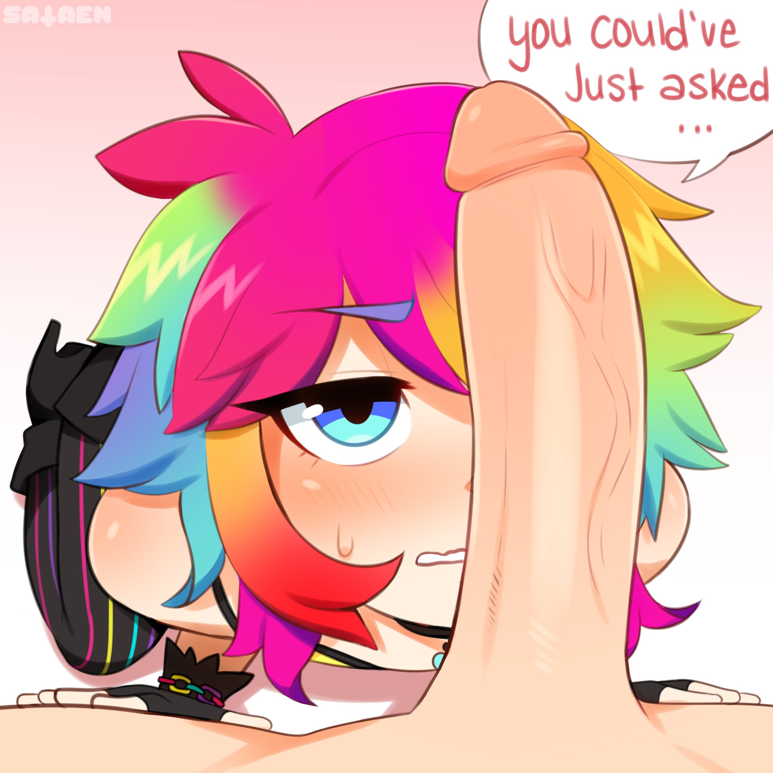 1boy, 1girls, annoyed, big penis, blue eyes, blush, clothed female nude male, female, female focus, imminent oral, imminent sex, kneeling, male, male pov, penis, penis on face, pov, rainbow hair, sataenart, tagme, text