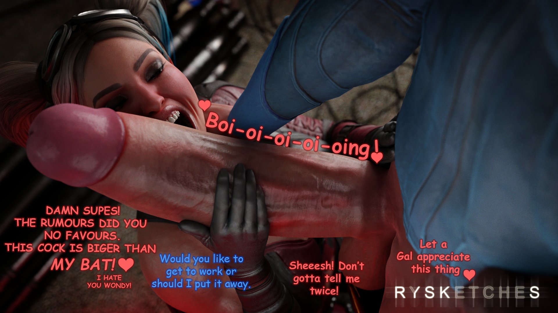 1boy, 1girls, 3d, alien, alien boy, alien humanoid, alien/human, alternate version available, artist name, athletic, athletic female, athletic male, batman (series), big breasts, big penis, black gloves, blonde female, blonde hair, breasts, busty, clark kent, dc, dc comics, dialogue, digital media (artwork), english text, eyebrows, eyelashes, eyes, female, female focus, fit, fit female, fit male, gloved handjob, gloves, hair, hand on penis, handjob, handjob with gloves, harley quinn, harley quinn (injustice), hero, holding penis, huge cock, human on humanoid, humanoid, injustice 2, kal-el, leather gloves, light skin, light-skinned female, light-skinned male, lips, male, male/female, multicolored hair, penis, penis awe, rysketches, straight, superhero, superman, superman (clark kent), superman (series), text, toned, toned female, touching penis, villain, villainess, voluptuous, waist, watermark