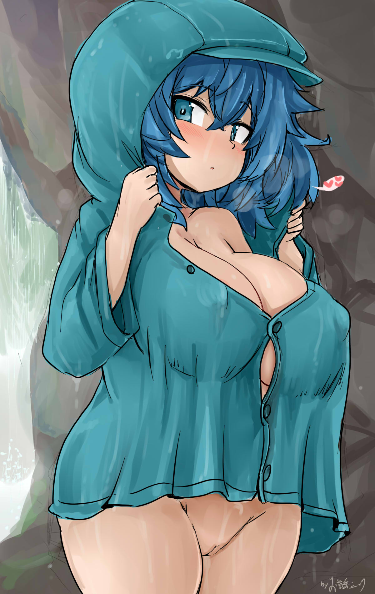 blue_hair gigantic_breasts huge_breasts large_breasts nitori_kawashiro okiraku_nikku pussy raincoat shortstack showing_off skimpy spoken_heart touhou wet