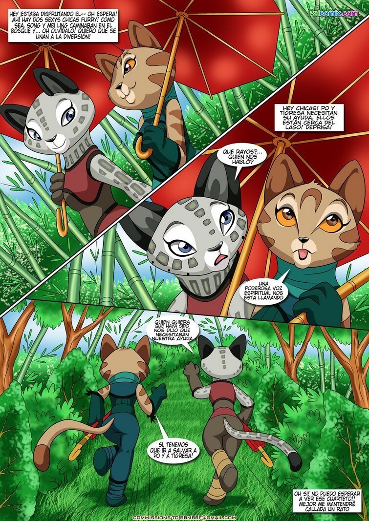 3_panel_comic 5:7 blue_eyes blue_eyes_female brown_eyes brown_eyes_female dreamworks forest grass grass_field green_grass kung_fu_panda leafs looking_aside mei_ling_(kung_fu_panda) page_10 panda_tail poringa red_umbrella safe_for_work song_(kung_fu_panda) spanish_dialogue spanish_text talking_to_offscreen trees umbrella unseen_female_face