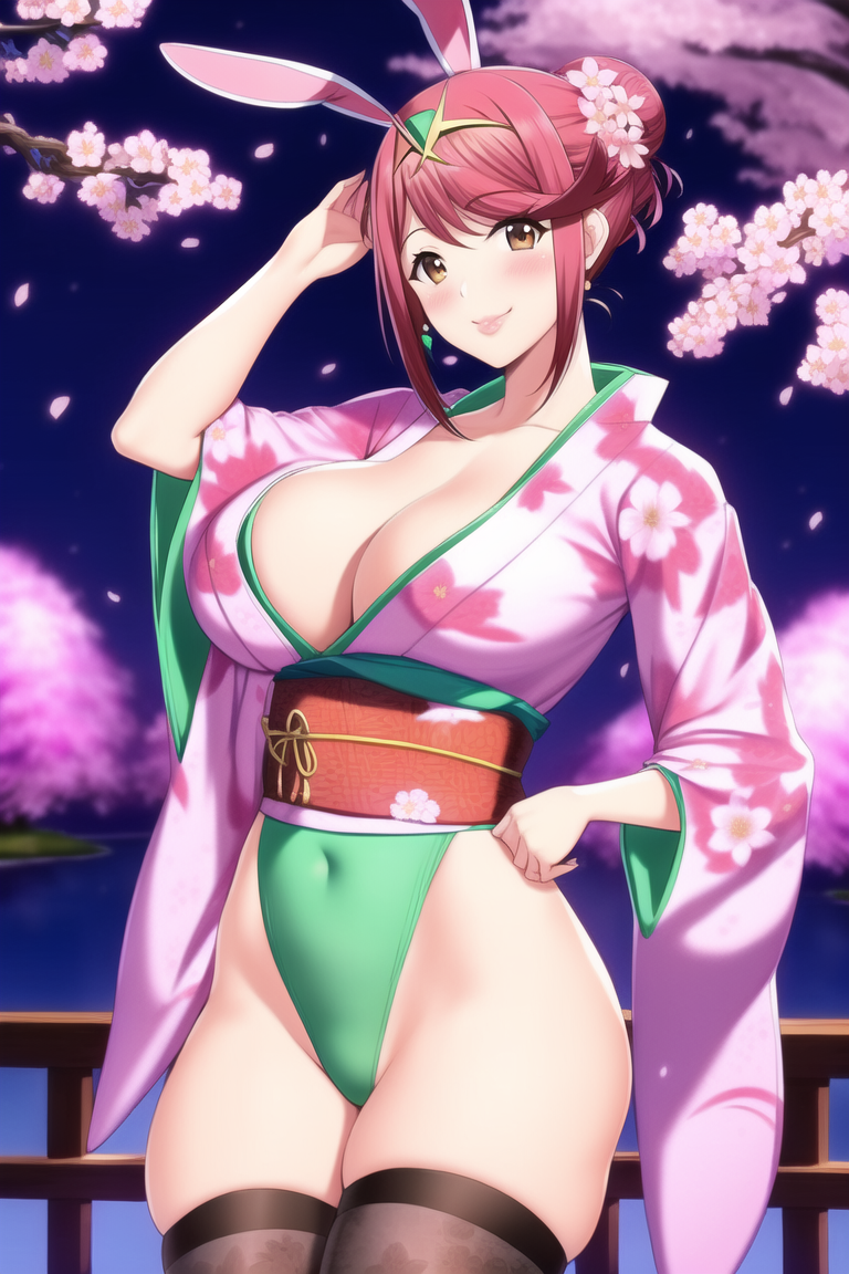 1girls, ai generated, bunny costume, bunny ear, bunny ears, bunny girl, bunnysuit, cherry blossoms, cleavage, female, floral print, hair bun, hair ornament, hair up, highleg, highleg leotard, kimono, nai diffusion, night, nintendo, pyra, rabbit ears, rabbit girl, red eyes, red hair, robofun, skindentation, stable diffusion, standing, thighhighs, thighs, tiara, xenoblade (series), xenoblade chronicles 2, yukata