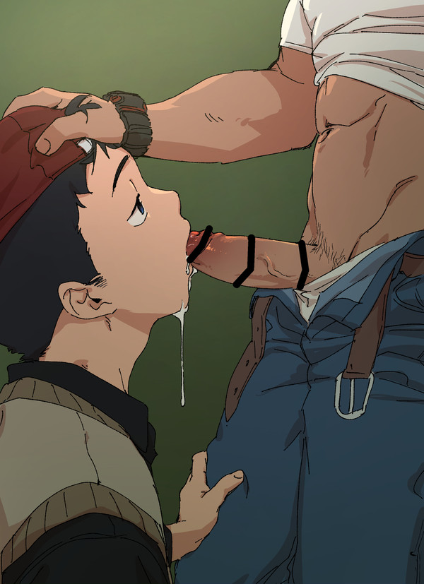 backwards hat, bar censor, blowjob, censored, clothed sex, cum, drinking cum, dripping cum, gay, hand on head, looking up, male, oral, penis, sucking penis, yaoi