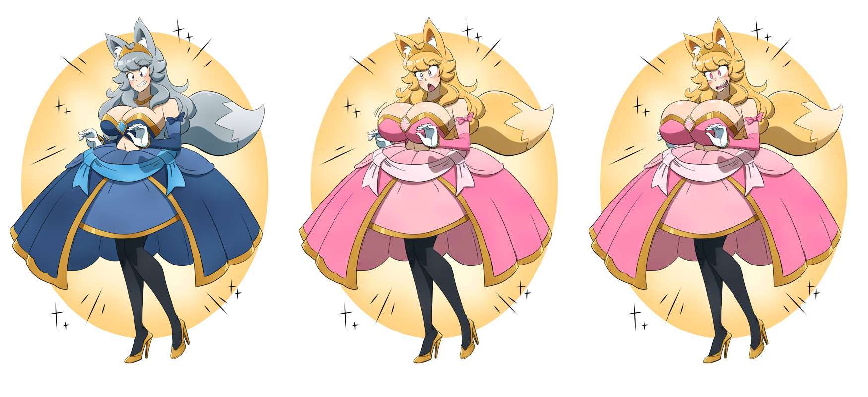 alternate hair color, big breasts, bimbo, bimbofication, blonde hair, blush, brain drain, brainwashing, breast expansion, breast growth, breast growth (enlargement), breasts, cleavage, emie (kobi), empty eyes, female, fox ears, fox girl, gloves, glowing, happy trance, hi res, high heels, huge breasts, kobi-tfs, large breasts, long hair, midriff, navel, open mouth, pink eyes, princess, purple eyes, royalty, silver hair, stockings, tail