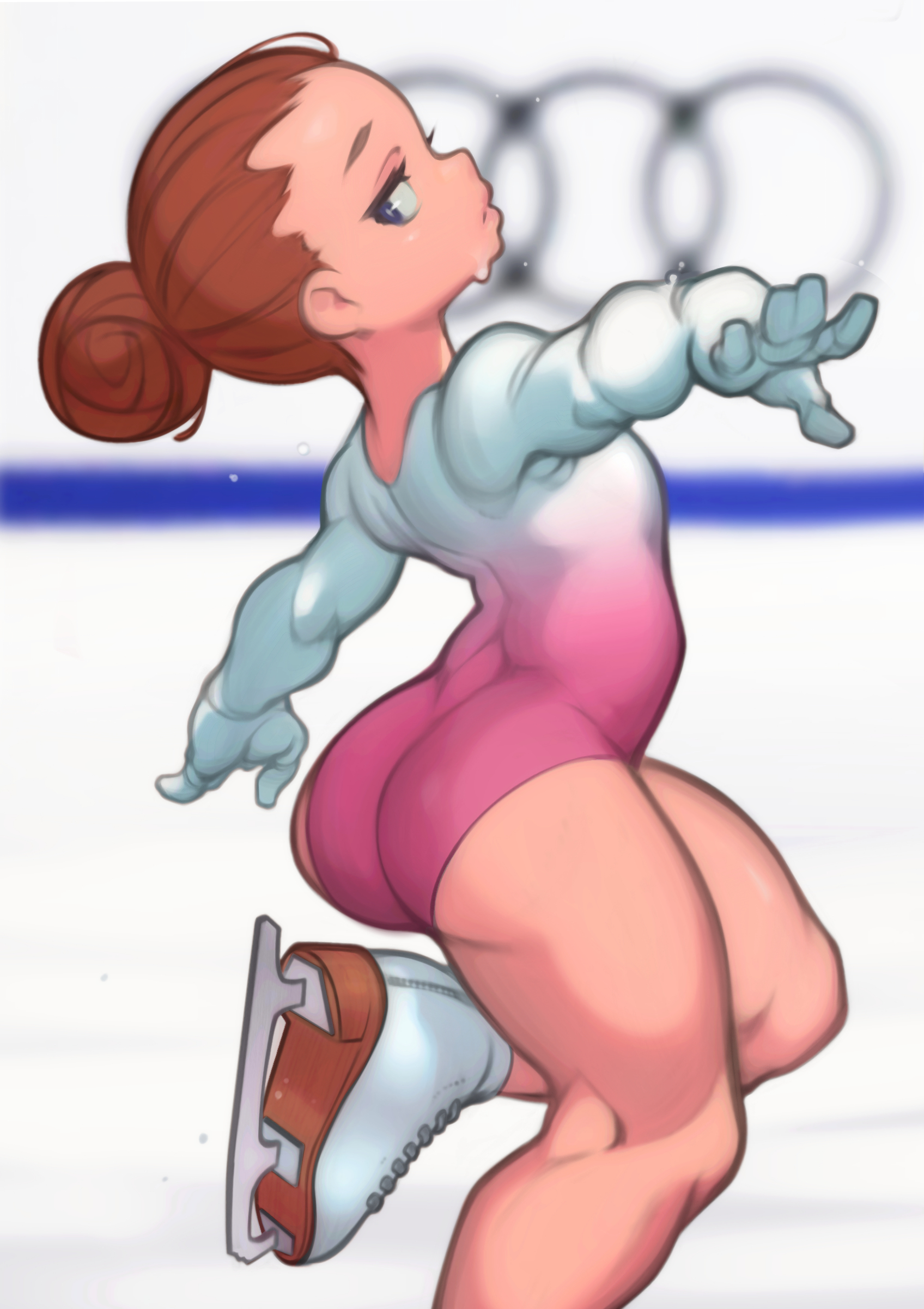 1girls, ass, audi (copyright), big ass, blue eyes, blurry background, breasts, cute, female, ice skates, ice skating, lentiyay, original character, red hair, small breasts, tagme, thick thighs