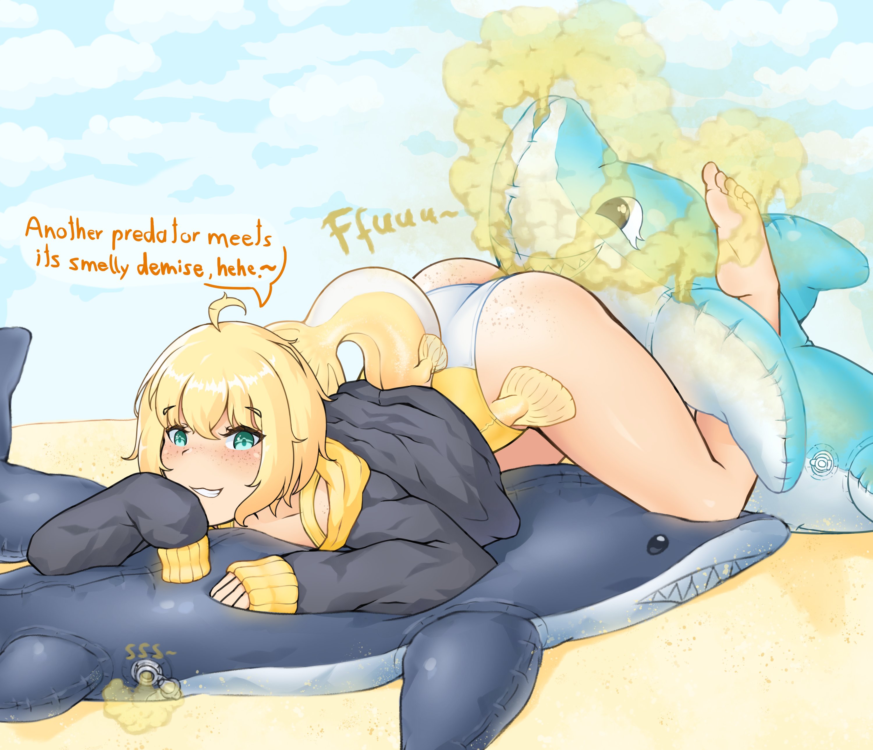1girls, english text, fart, fart cloud, fart fetish, farting, female, hali (raki991), looking at viewer, playful, raki991, solo, speech bubble