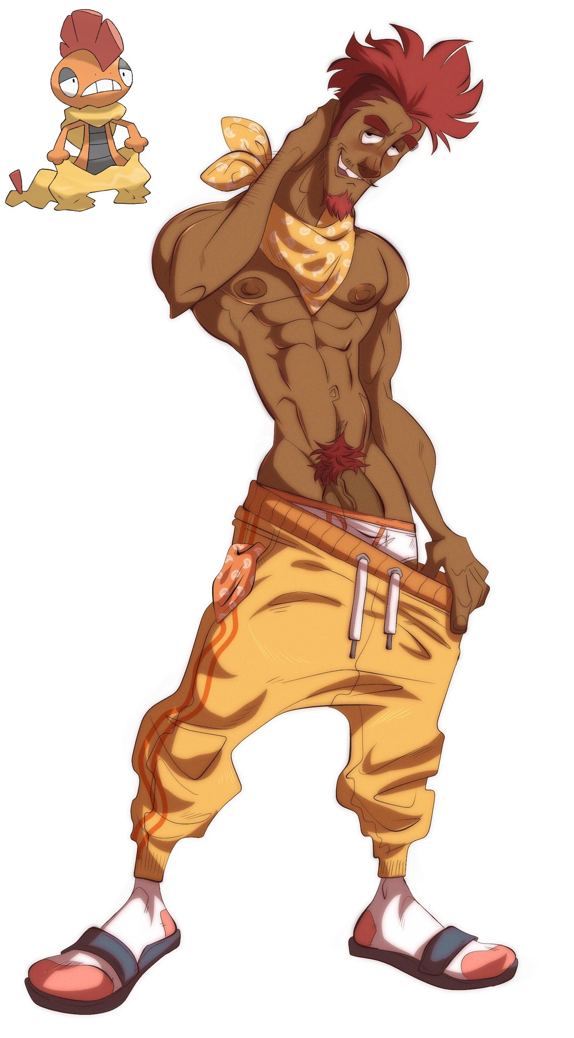 briefs dark-skinned_male dark_skin flaccid gijinka humanized_pokemon male male_only melanin muscles muscular muscular_male pants_pull penis_peek pokemon pokemon_bw pokemon_bw2 scrafty solo solo_male sweatpants throatpussy underwear veiny_penis