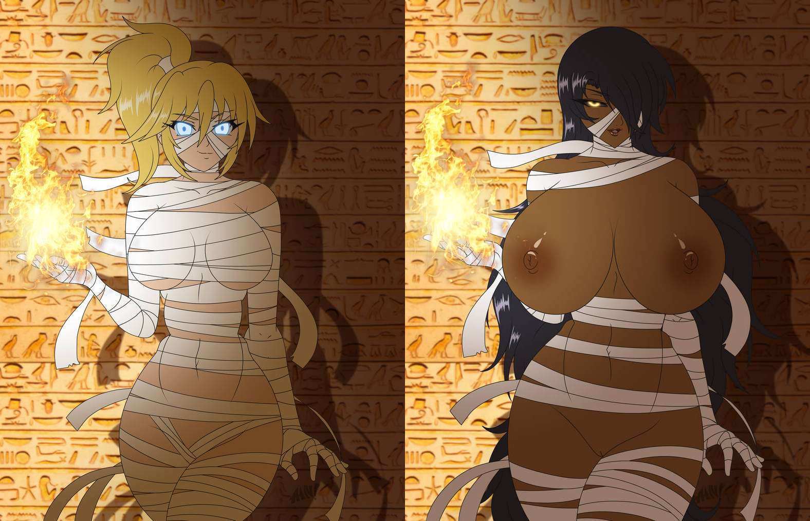 bandages big_breasts black_hair black_sclera blonde_hair blue_eyes breast_expansion breasts breasts_out dark_skin desingahv dual_persona egyptianification fire glowing_eyes hi_res hieroglyphics jackie_valentine large_breasts long_hair mummy navel ponytail race_swap sephzero taller_female thick_lips thick_thighs transformation wide_hips yellow_eyes