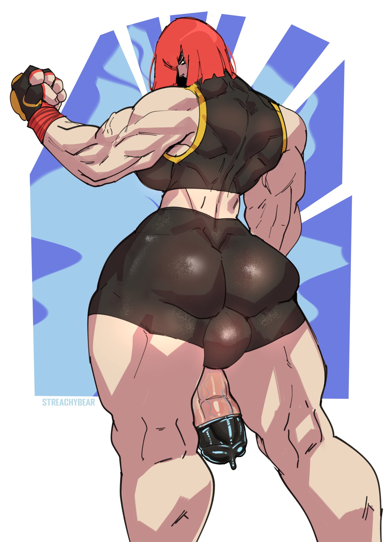 1futa, ass, back, back view, balls, big ass, big balls, big breasts, big penis, breasts, capcom, clothed, clothing, condom, condom on penis, erection, flexing, futa only, futanari, human, intersex, light skin, light-skinned futa, looking at viewer, looking back, marisa rossetti, mostly clothed, muscular, muscular back, muscular futa, muscular thighs, penis, red hair, short hair, solo, solo futa, standing, streachybear, street fighter, street fighter 6, thick thighs, wide hips