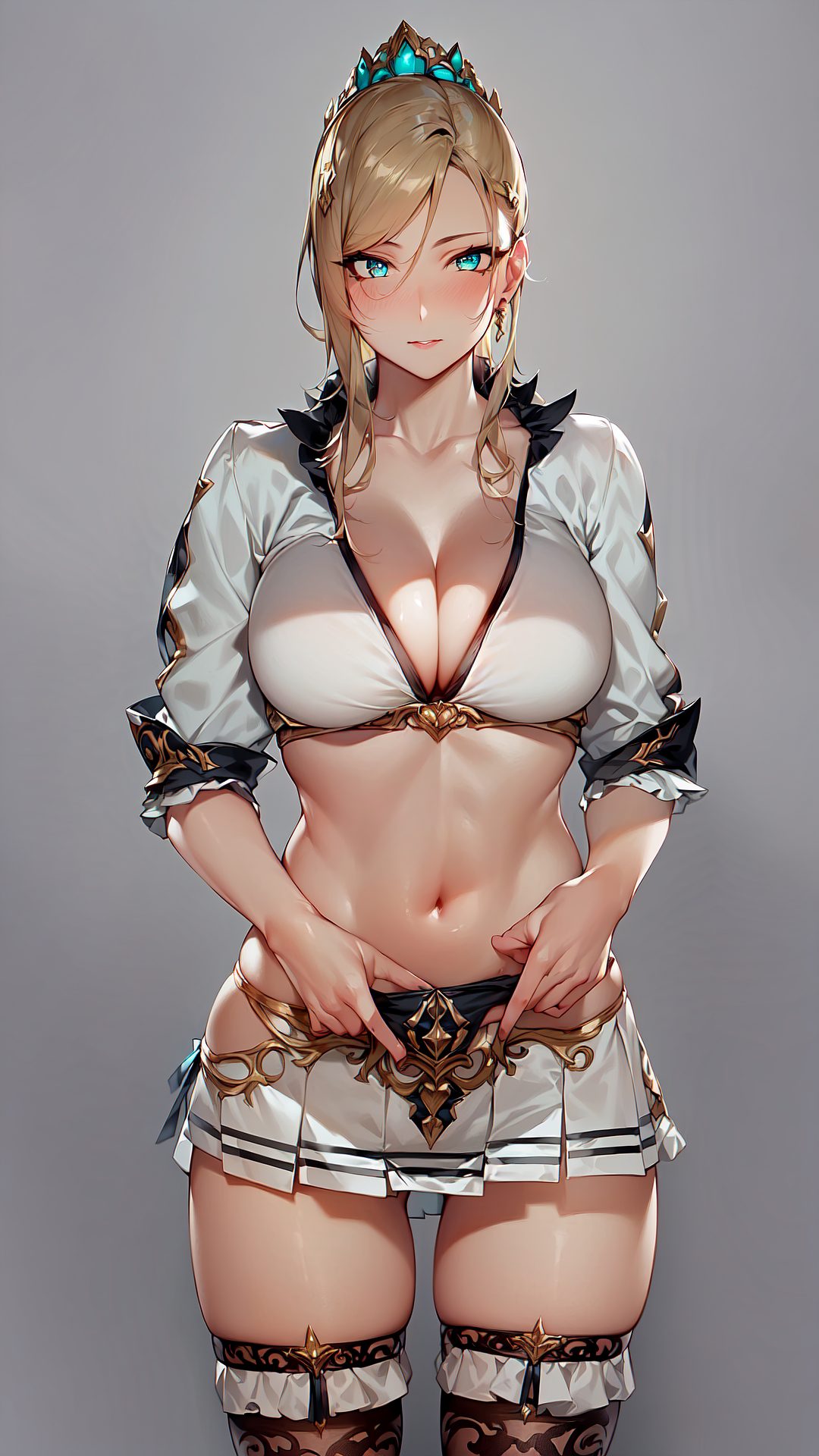 1girls, 2023, ai generated, blonde hair, blue hair, cleavage, female, female focus, female only, hair buns, hi res, high resolution, long hair, looking at viewer, stable diffusion