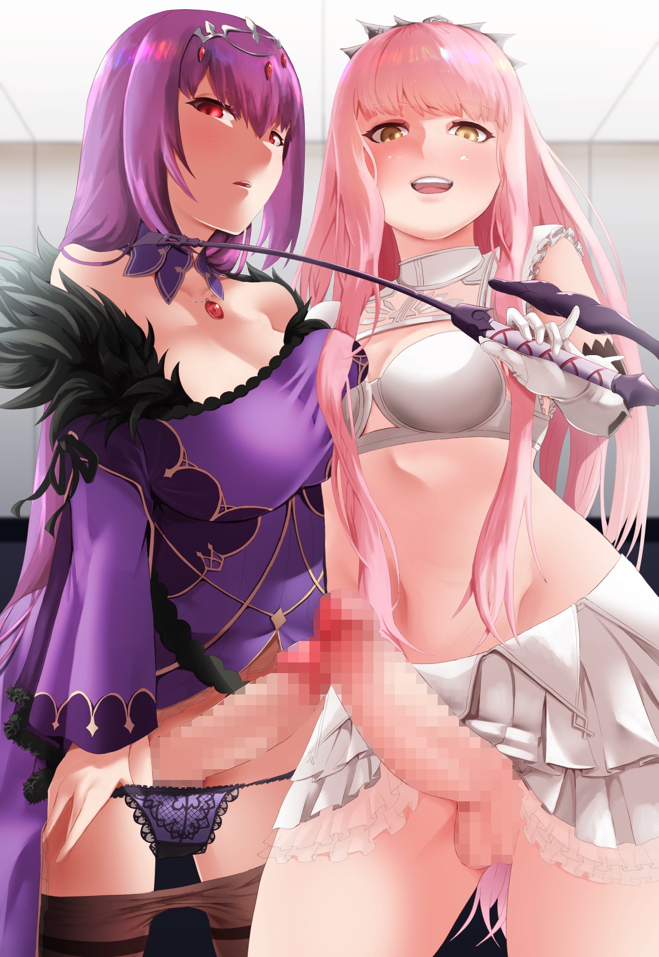 2futas, censored, censored penis, cleavage, dickgirl, erection under skirt, fate (series), fate/grand order, futa only, futanari, intersex, light skin, light-skinned futa, looking at viewer, maxwell manzoku, medb (fate), multiple futa, multiple penises, panties, penis, pink hair, purple hair, scathach skadi