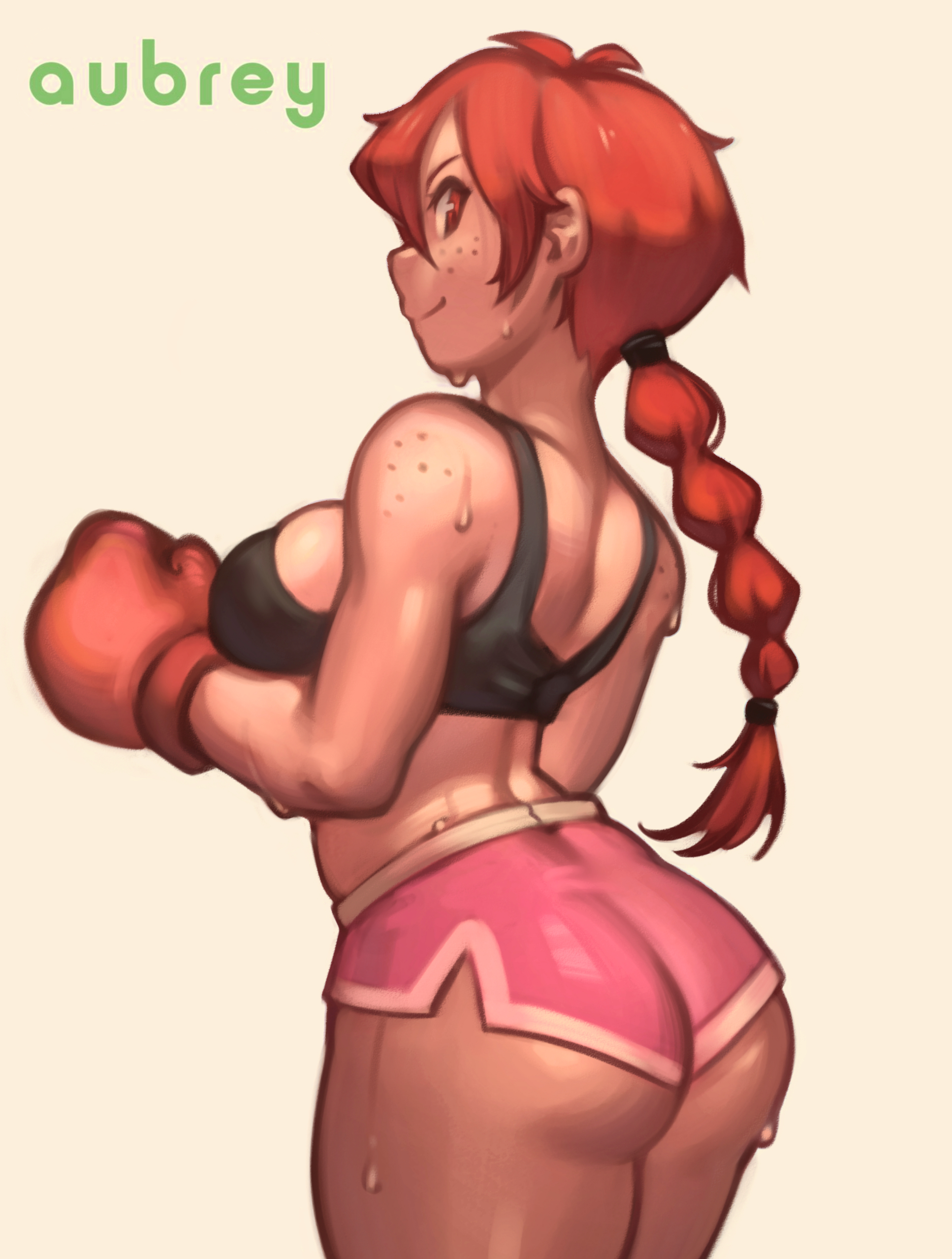 1girls, ass, aubrey (sea legs), big ass, big breasts, black sports bra, booty shorts, boxing gloves, braid, braided hair, breasts, brown hair, character name, clothing, cute, female, freckles, legs together, lentiyay, pink shorts, red eyes, red hair, redhead, short hair, short shorts, shorts, smile, sports bra, thick thighs