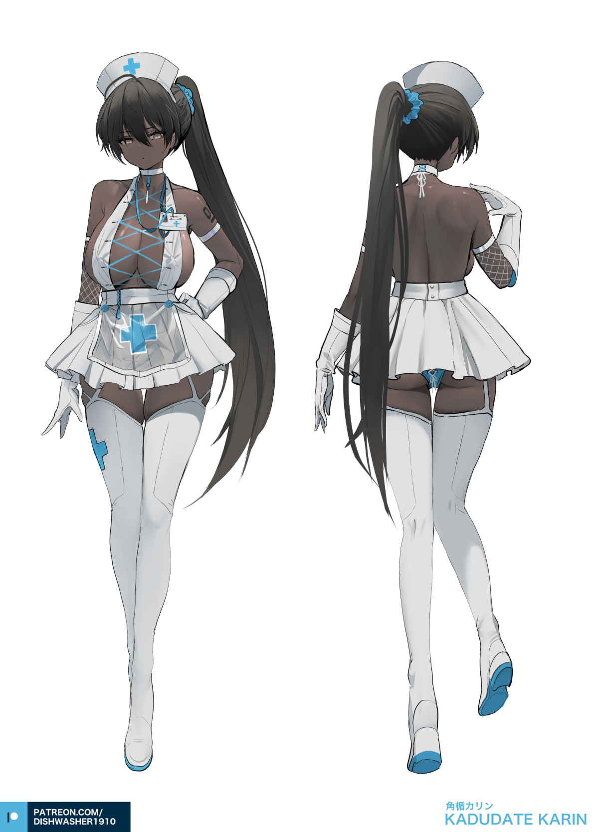 1girls, apron, ass, back, black hair, blue archive, blue panties, bra, breasts, choker, cleaning & clearing (blue archive), criss-cross halter, dishwasher1910, female, garter straps, gloves, halterneck, hand on hip, id card, karin (blue archive), large breasts, looking at viewer, millennium science school student, name tag, number tattoo, nurse, nurse cap, nurse uniform, panties, ponytail, short skirt, shoulder tattoo, skirt, tattoo, thighhigh boots, white bra, white skirt, yellow eyes