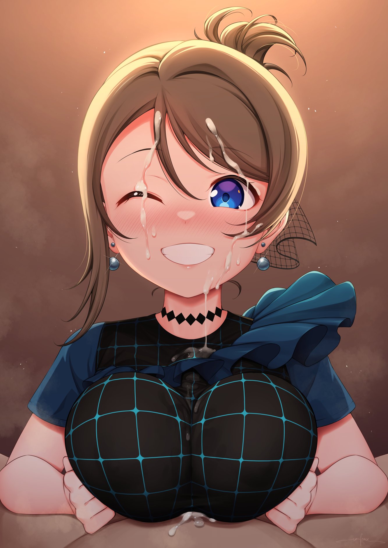 1boy black_choker blue_eyes blush breasts breasts_squeezed_together brown_hair choker commentary cum cum_in_clothes cum_on_clothes cum_on_hair cum_through_clothes earrings ejaculation ejaculation_under_clothes facial female folded_ponytail frills grin heart highres jewelry large_breasts looking_at_viewer love_live! love_live!_sunshine!! nose_blush paizuri paizuri_under_clothes pearl_earrings pov short_hair short_sleeves smile solo_focus straight unsfrau watanabe_you