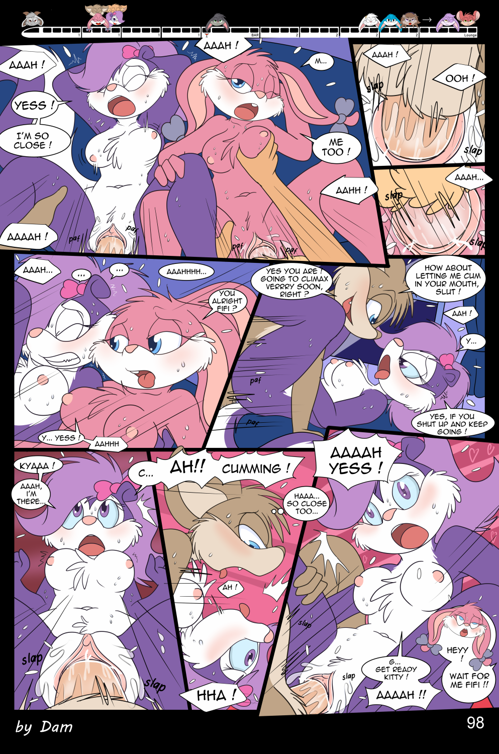 3_toes 4_fingers anthro babs_bunny breasts buster_bunny clothed clothing comic dam_(artist) dialogue english_text feet female fifi_la_fume fingers genitals group hi_res lagomorph leporid male mammal mephitid page_98 plantigrade rabbit skunk speech_bubble text tiny_toon_adventures toes toons toony train vehicle warner_brothers