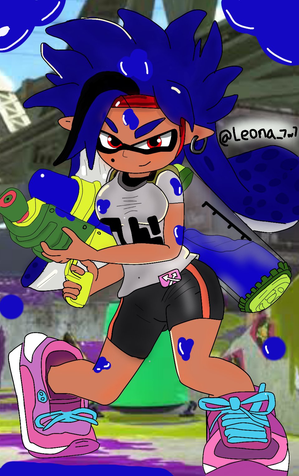 1girls blue_hair dark_skin female leona_(powerblueflower) oc original_character powerblueflower red_eyes splatoon tagme