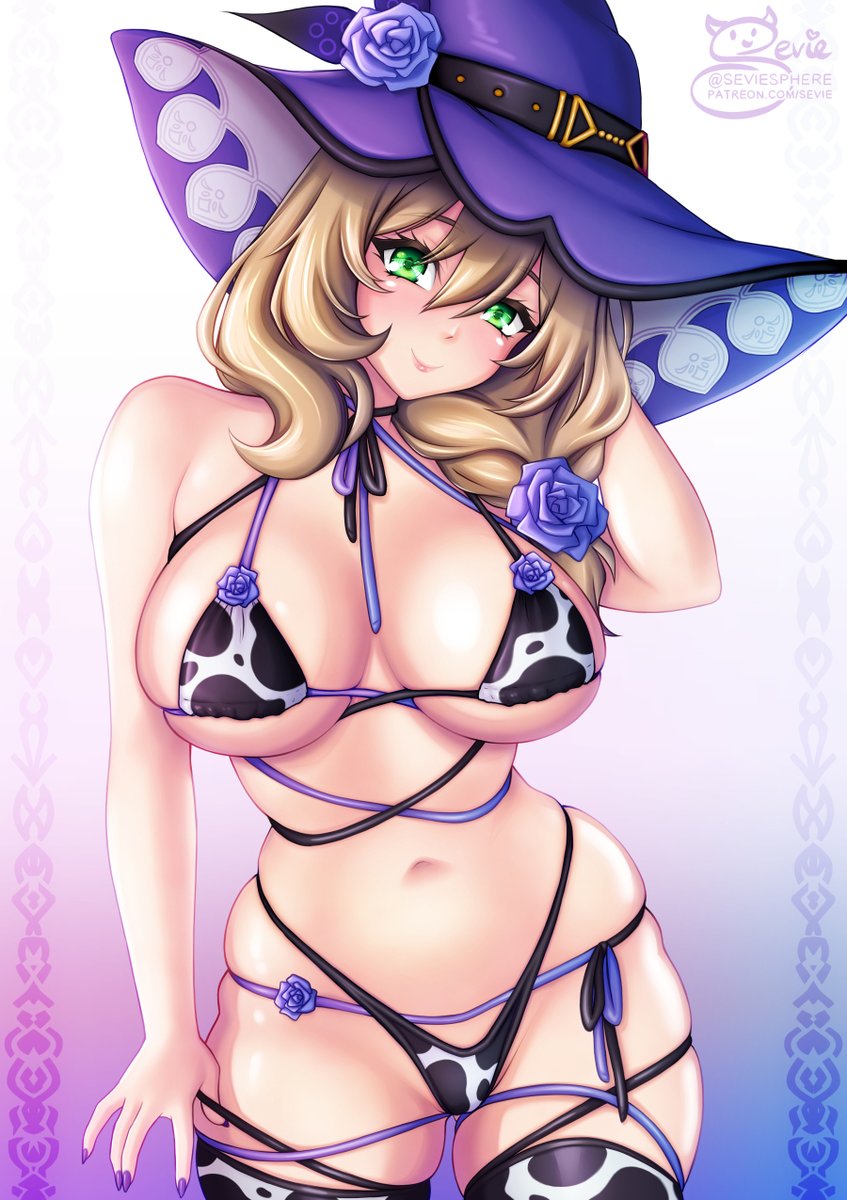 1girls, bikini, blush, breasts, brown hair, cow print, cow print bikini, female, genshin impact, green eyes, hat, hips, huge breasts, large breasts, large hat, light skin, light-skinned female, lisa (genshin impact), long hair, naughty face, sevie, smile, thick thighs, thighs, wide hips, witch hat