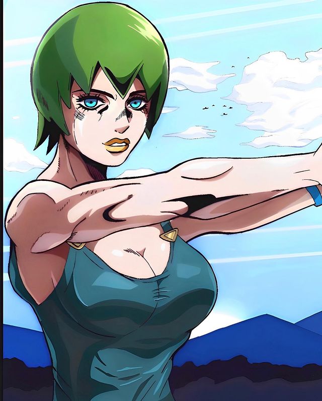 1girls big_breasts blue_eyes breasts female foo_fighters green_hair jojo's_bizarre_adventure light-skinned_female light_skin overalls short_hair shounen_jump stone_ocean tagme z3husky