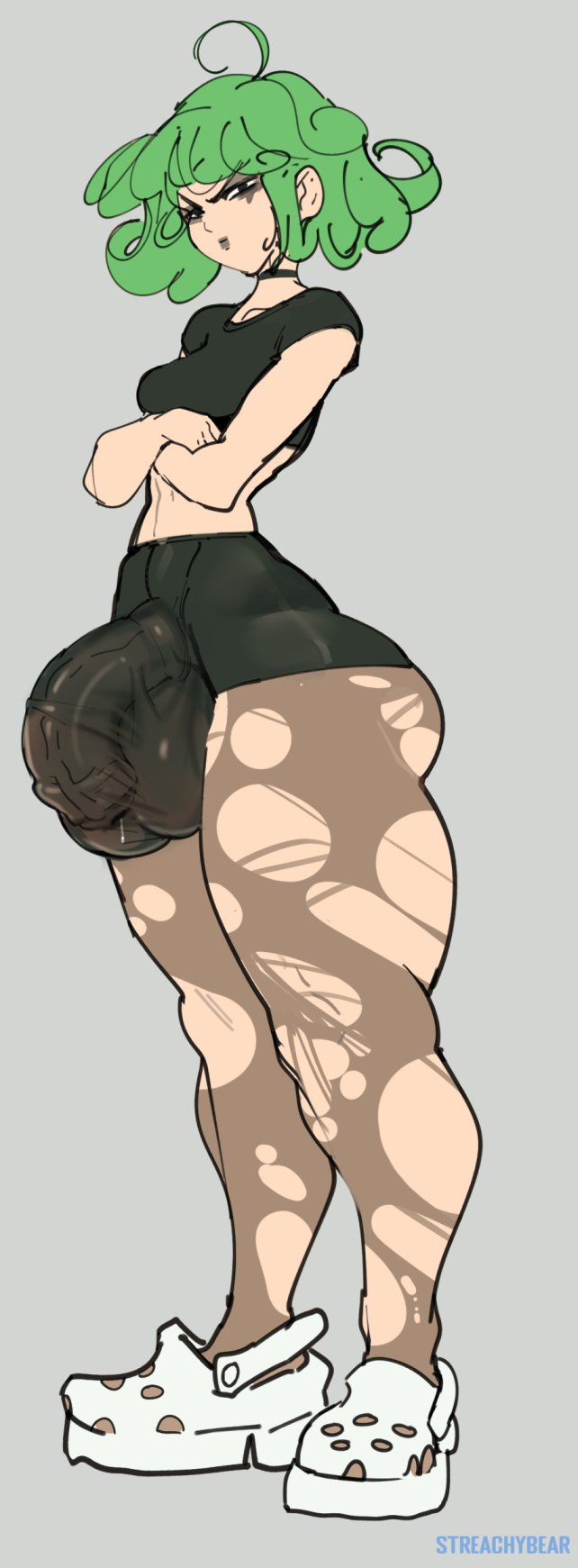 1futa ass balls big_ass black_lipstick bottom_heavy bulge clothed clothing crocs eyeshadow flaccid full_body fully_clothed futa_only futanari green_hair hourglass_figure huge_balls huge_cock huge_hips human large_penis light-skinned_futanari light_skin one-punch_man pantyhose penis ripped_pantyhose short_hair solo solo_futa standing streachybear tatsumaki thick_thighs tight_clothing torn_clothes torn_pantyhose