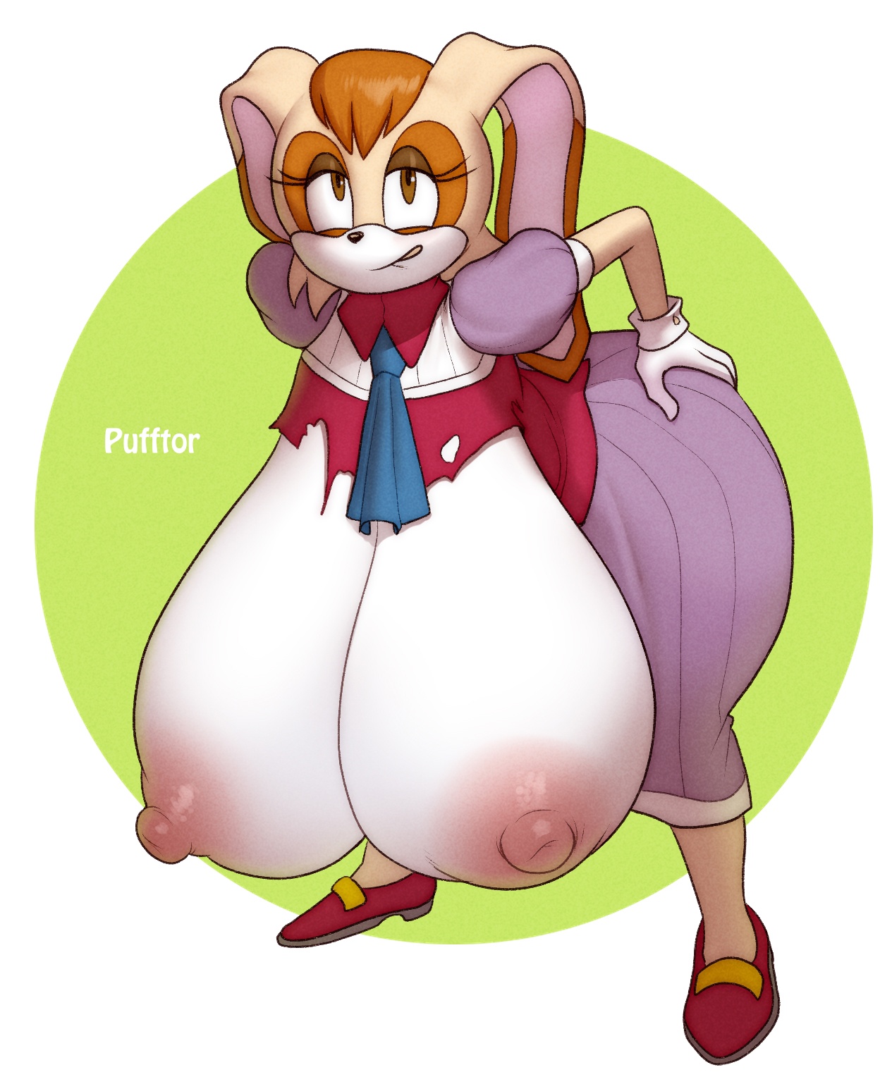 1girls, areolae, bending forward, breasts, brown eyes, brown fur, brown hair, bunny, dress, female, female focus, female only, gloves, hips, hyper, hyper breasts, lagomorph, lagomorph humanoid, large breasts, milf, nipples, pufftor, rabbit, ripped clothing, sega, sonic (series), sonic the hedgehog (series), tan fur, thighs, torn open top, vanilla the rabbit, wardrobe malfunction