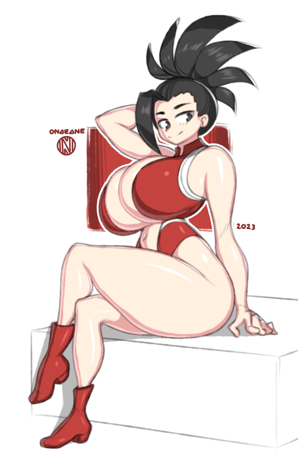 1girls bare_shoulders big_breasts black_hair breasts cleavage clothed clothing female female_only hand_on_head large_breasts momo_yaoyorozu my_hero_academia navel onaeane shoes simple_background sitting smile solo solo_female thick_thighs voluptuous wide_hips