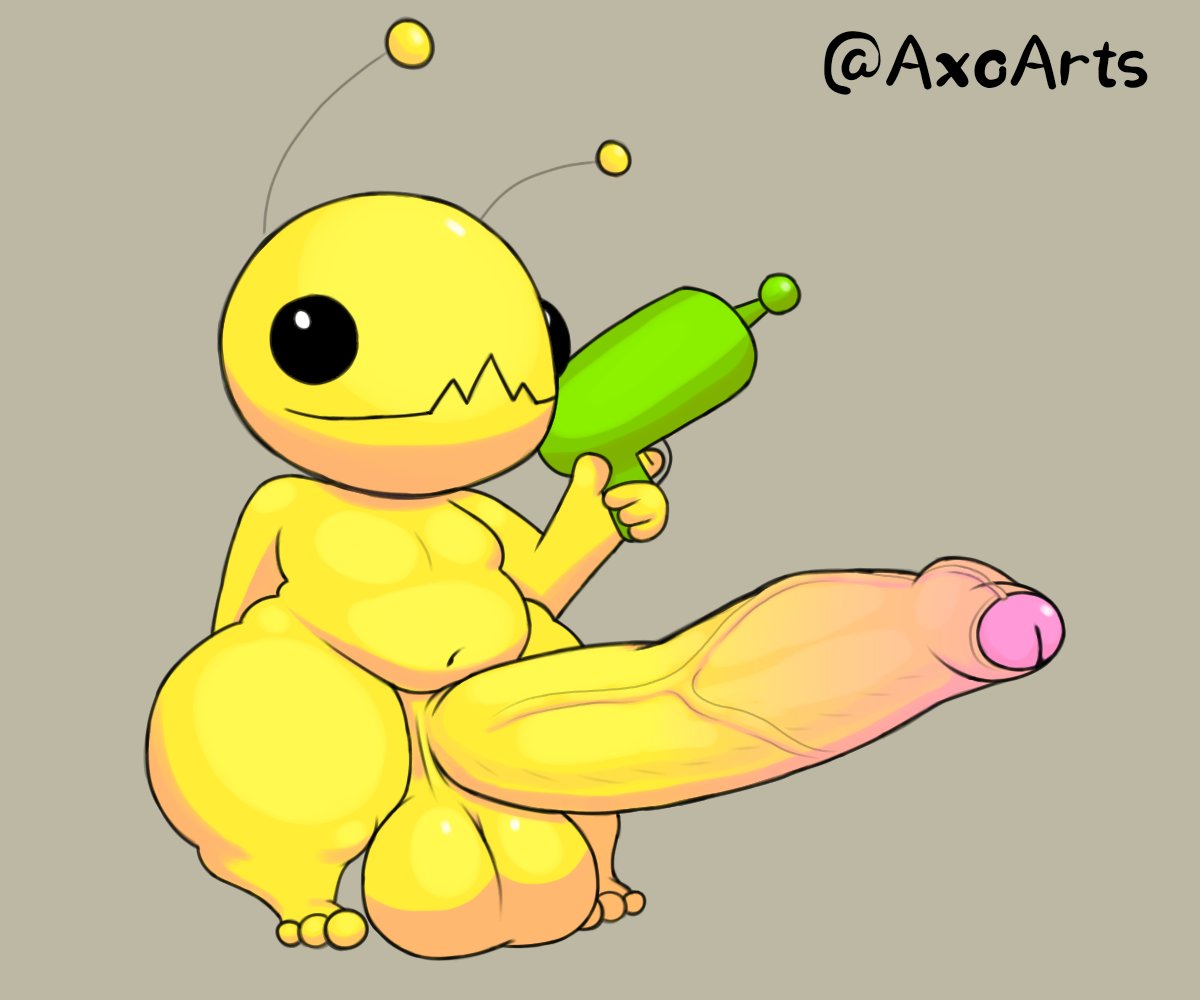 alien alien_hominid alien_hominid_(character) antennae_(anatomy) ass axoarts balls big_balls big_butt big_penis black_eyes digital_media_(artwork) genitals gun hand_behind_back holding_object holding_weapon huge_cock male newgrounds penis ranged_weapon small_but_hung solo standing thick_thighs weapon yellow_body