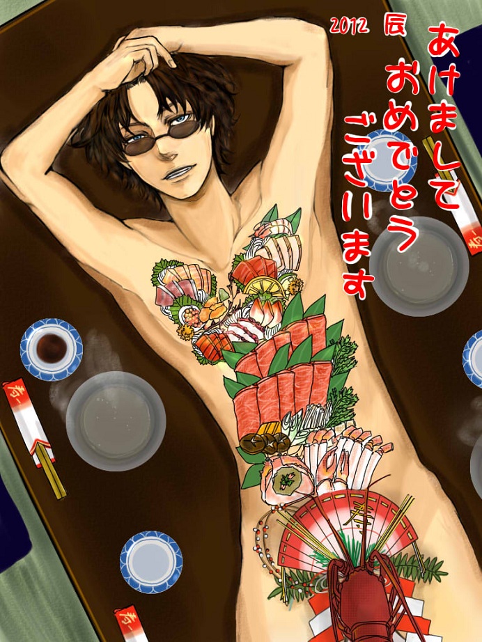 arms_up blue_eyes brown_hair curly_hair dark_hair food food_on_body gintama grin japanese_text looking_at_viewer male male_only nantaimori nude on_back rome066 sakamoto_tatsuma solo sunglasses sushi table