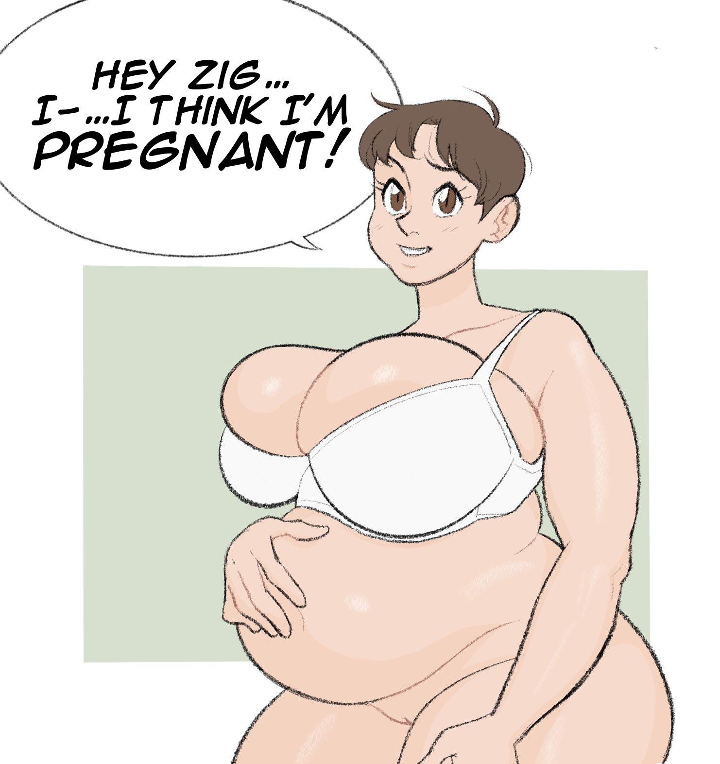 1girls, age difference, bra, breasts, brown eyes, brown hair, exposed pussy, female, hesgonnarunawayfromresponsability, holding belly, implied impregnation, large breasts, male, milf, mother, motherly cuckold, older female and younger male, parody, pregnant, pregnant female, pussy, sara (zigzaglewds), short hair, tagme, talking to another, talking to partner, thick thighs, very short hair, white bra, zigzaglewds