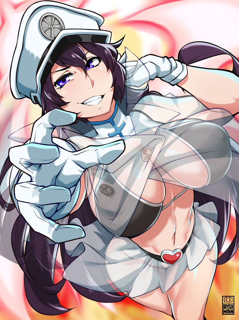 1girls, bambietta basterbine, bayeuxman, bleach, bleach: the thousand-year blood war, bra, breasts, cap, female, female only, huge breasts, jacket, looking at viewer, see-through, see-through clothing, skirt, solo, solo focus, underwear, uniform, voluptuous