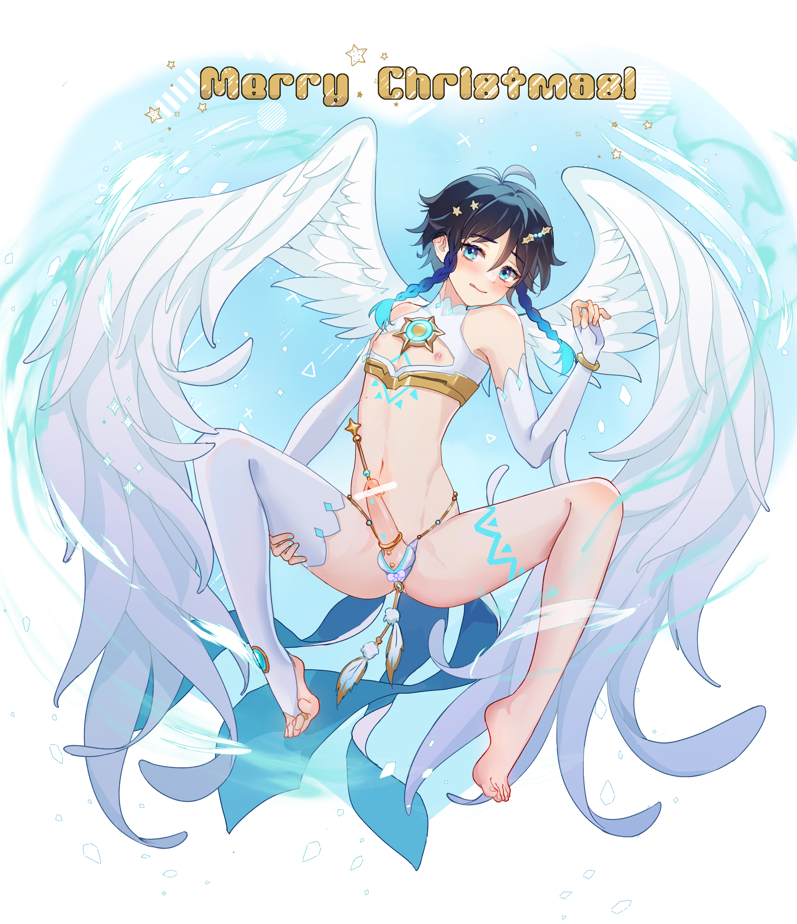 1boy, abstract background, angel wings, arm warmers, balls, balls in panties, barbatos (genshin impact), belly, blue eyes, blue hair, blush, bracelet, braid, christmas, color, crop top, erection, eyebrows visible through hair, feathers, feet, femboy, genshin impact, glowing, gradient hair, hairpin, hi res, long hair, looking at viewer, male, male only, merry christmas, nervous, nipples, painted nails, penis, saraka, shiny skin, sounding, star, tattoo, thighhighs, thighs, trap, venti (genshin impact), wand, wings