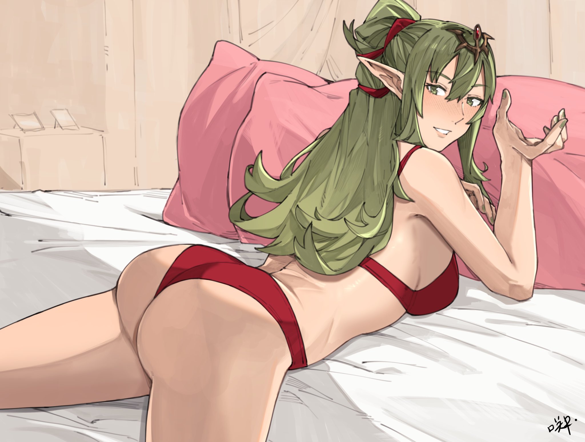 1girls, ass, ass focus, bangs, big ass, breasts, female, female only, fire emblem, fire emblem awakening, green eyes, green hair, hair ornament, hair ribbon, highres, long hair, looking at viewer, nintendo, panties, pointy ears, ponytail, red panties, ribbon, sakuremi, smile, solo, tiara, tiki (fire emblem), tiki (fire emblem) (adult), underwear