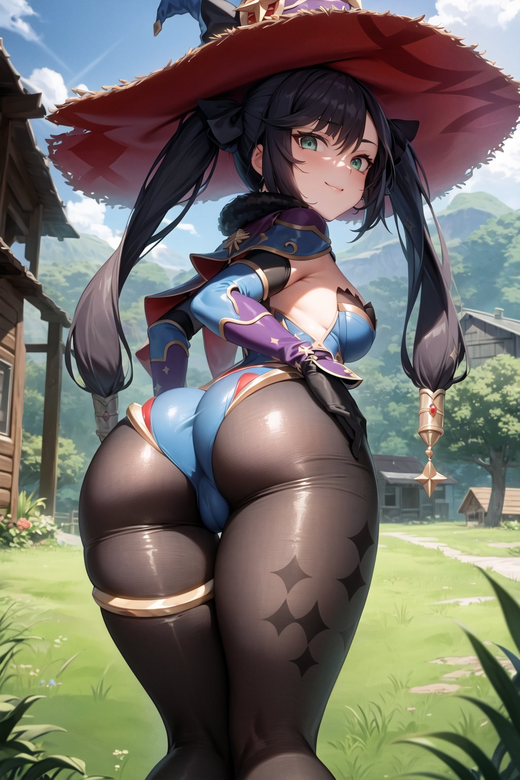 1girls, 2d, ai generated, alternate breast size, ass, back view, big ass, big butt, black hair, blush, breasts, bubble ass, bubble butt, female, genshin impact, green eyes, hat, huge ass, huge butt, large ass, large hat, leotard, light skin, light-skinned female, long hair, looking at viewer, medium breasts, mona (genshin impact), outdoors, pantyhose, smile, stable diffusion, thick thighs, tight clothing, tights, twintails, wide hips, witch hat