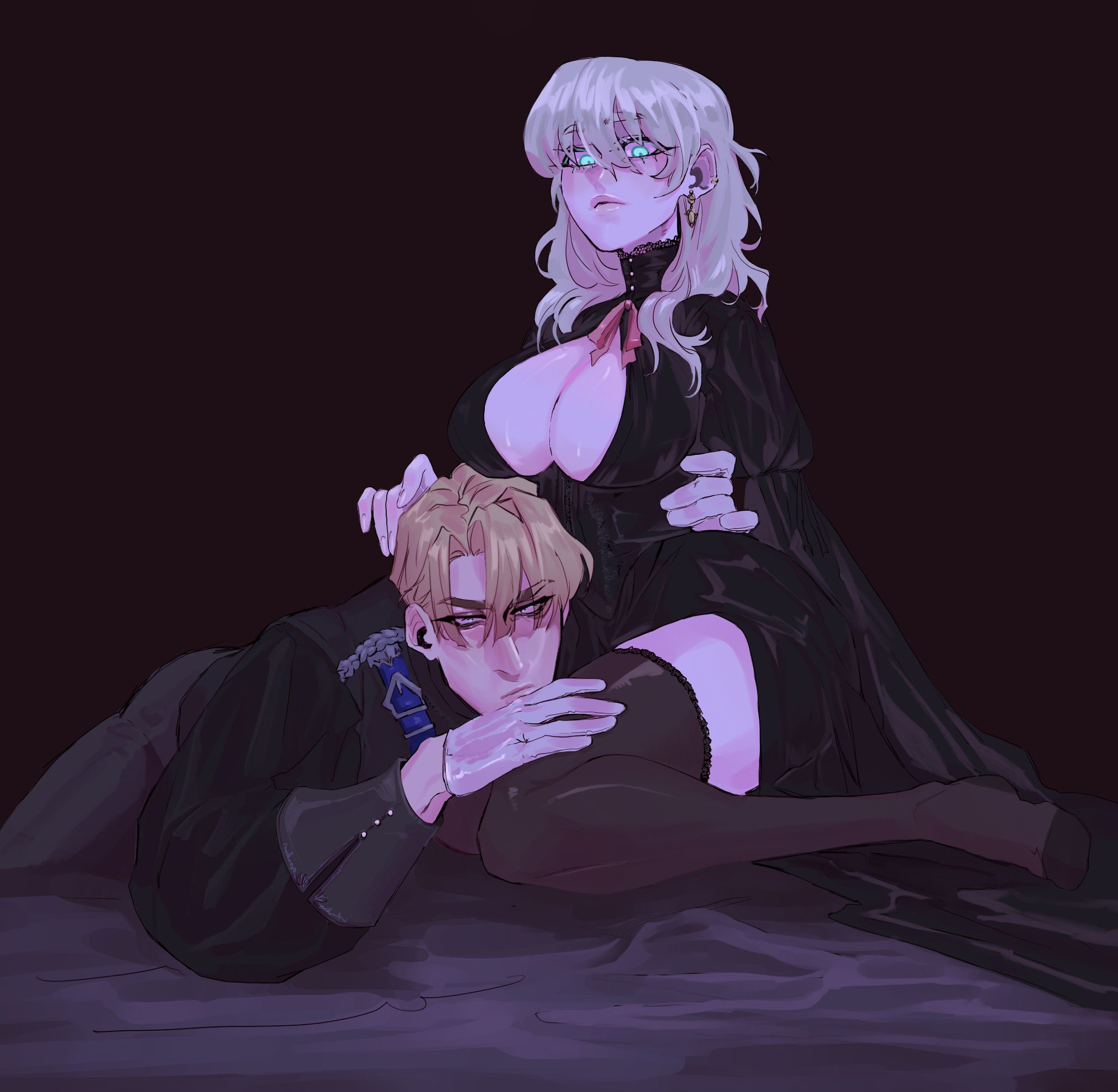 1boy, 1girls, bare thighs, blonde hair, breasts, byleth (fire emblem), byleth (fire emblem) (female), cleavage, dimitri alexandre blaiddyd, female, fire emblem, fire emblem: three houses, garreg mach monastery uniform, gloves, goth, gothified, green eyes, kneeling, large breasts, male, medium hair, miasmamaiden, nintendo, thighhighs, thighs, white hair