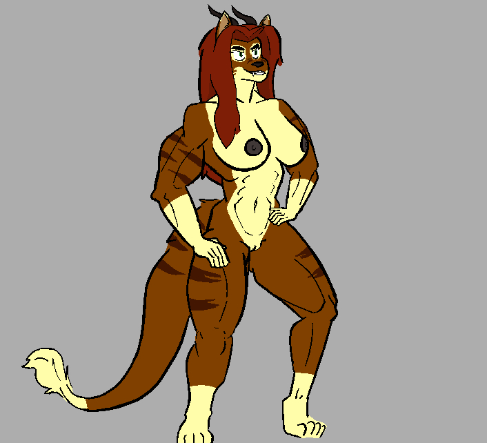 aardwolf anthro asche_(krautdyke) asphalt dark_nipples digitigrade fangs female front_view hair hand_on_hip hand_on_leg hand_on_thigh horn hybrid hyena mammal muscular nude red_hair simple_background solo stripes tail tail_tuft teeth thick_tail tuft