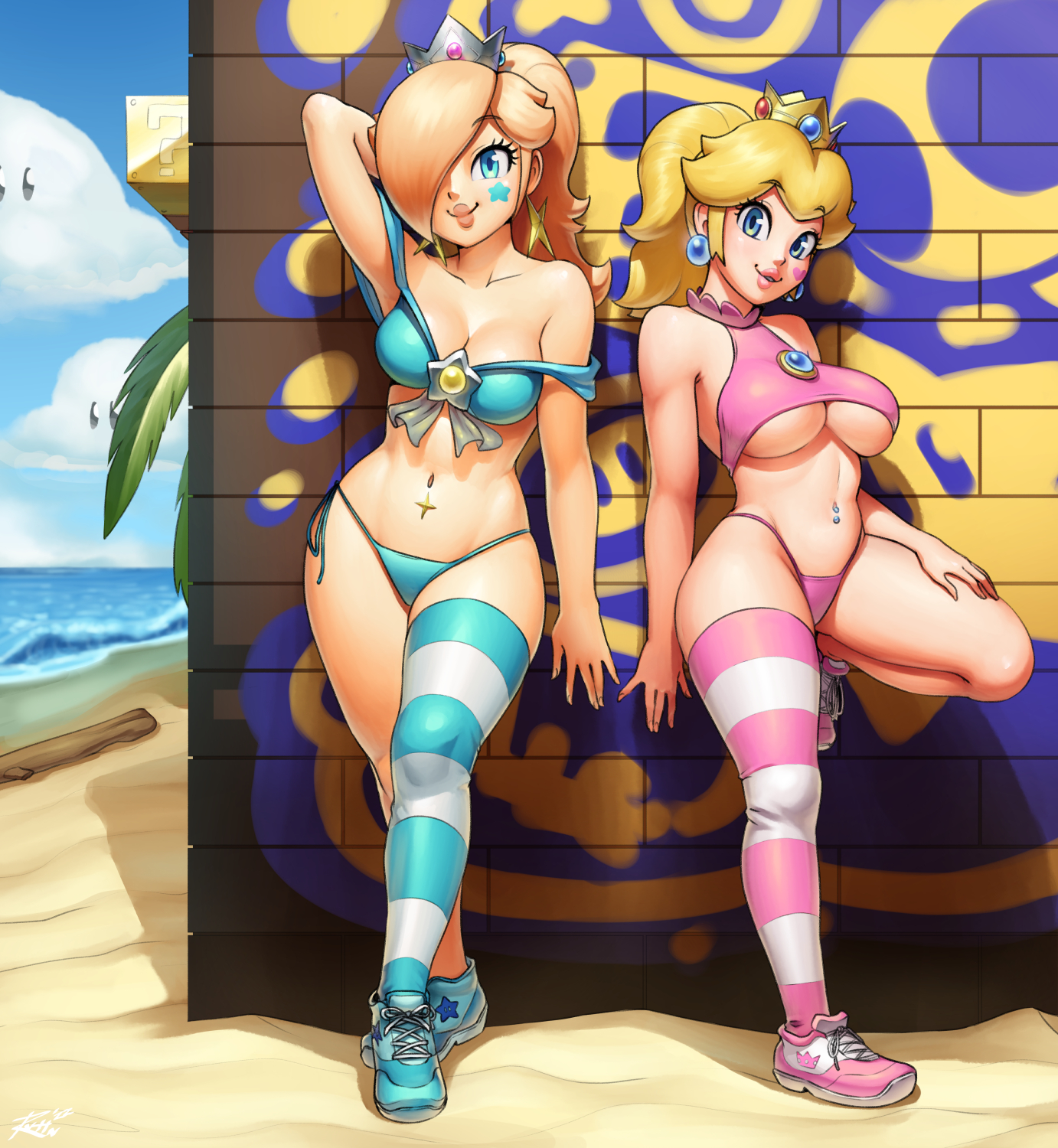 2girls, alternate costume, asymmetrical legwear, beach, bikini, blonde hair, blue eyes, breasts, cleavage, commissioner upload, curvy, earrings, face paint, female, female only, human, large breasts, looking at viewer, mario (series), navel, navel piercing, nintendo, ponytail, posing, princess peach, princess rosalina, revtilian, shoes, smile, summer, super mario bros., super mario galaxy, thick lips, thick thighs, thighhighs, underboob