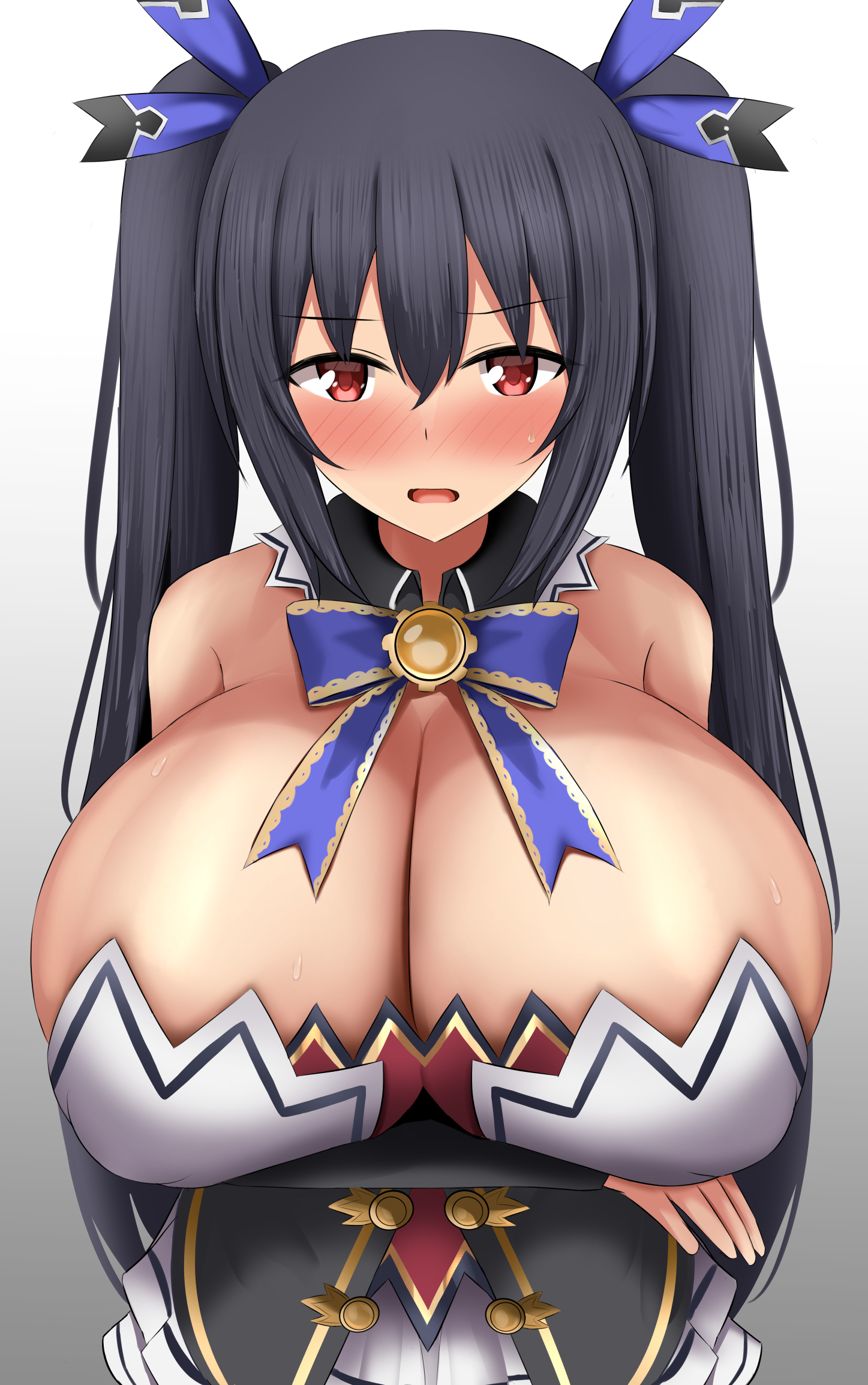 alternate breast size, annoyed, bare shoulders, black hair, blush, breasts, clothed, eyebrows visible through hair, female, female only, front view, go gomada re, hair ribbon, huge breasts, looking at viewer, neptunia (series), noire, open mouth, red eyes, ribbon, sweat, twintails