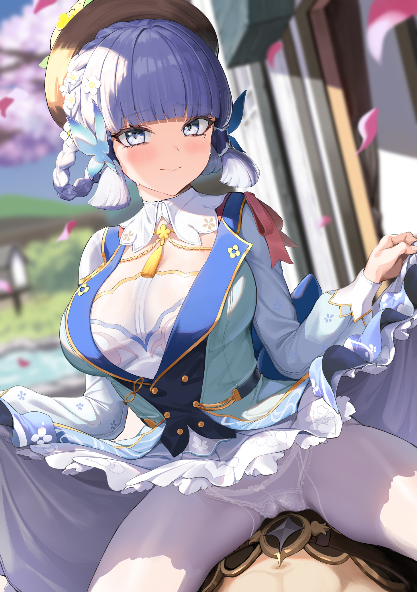 1boy, 1girls, aether (genshin impact), alternate costume, alternate hairstyle, belt, big breasts, blue eyes, blue hair, blush, breasts, colored, cowgirl position, drawing, female, female focus, femdom, genshin impact, greem bang, horny, horny female, imminent penetration, imminent sex, kamisato ayaka, kamisato ayaka (springbloom missive), male, male pov, mihoyo, pantyhose, pleasure face, skirt, skirt lift, thighs, white hair