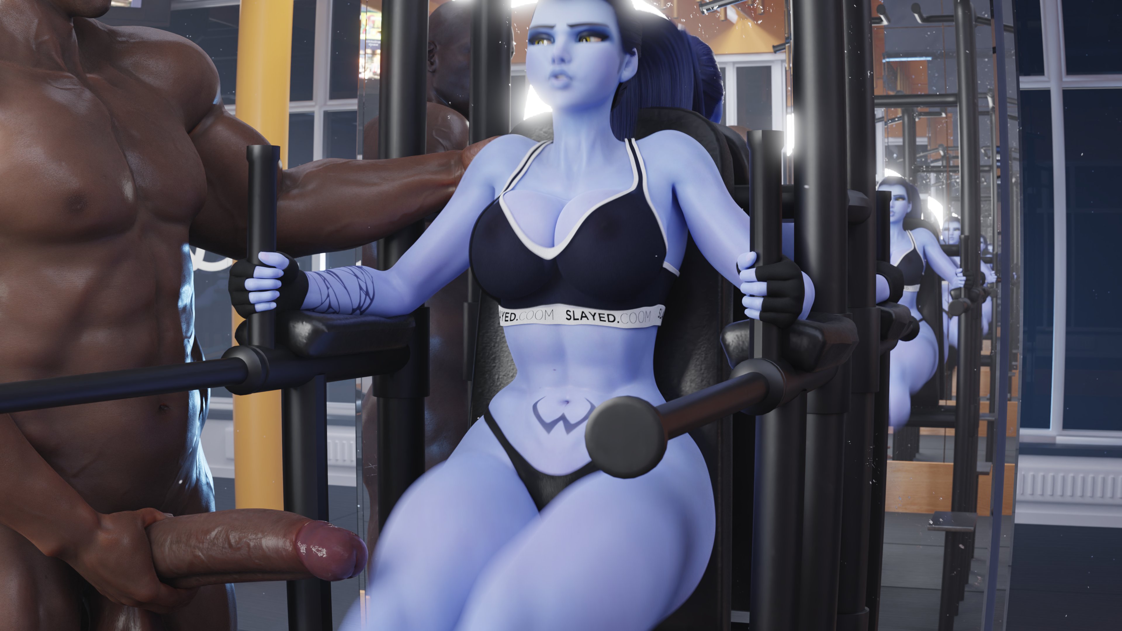 1boy, 1girls, 3d, abs, balls, belly, big breasts, big penis, black fingerless gloves, blizzard entertainment, blue hair, blue skin, breasts, cfnm, clothed, clothed female, clothed female nude male, clothes, clothing, dark skin, dark-skinned male, detailed background, female, fingerless gloves, french, glans, gym, gym clothes, gym shorts, gym uniform, hand on penis, hand on shoulder, holding, holding penis, indoor, indoors, inside, interracial, large penis, male, muscular, muscular male, navel, nude, nude male, nude male clothed female, overwatch, overwatch 2, penis, penis out, ponytail, presenting, presenting penis, revealing clothes, screencap, slayed.coom, standing, straight, tattoo, tattoo on arm, tattoo on belly, tattooed arm, tattoos, testicles, tied hair, training, underwear, widowmaker, wip
