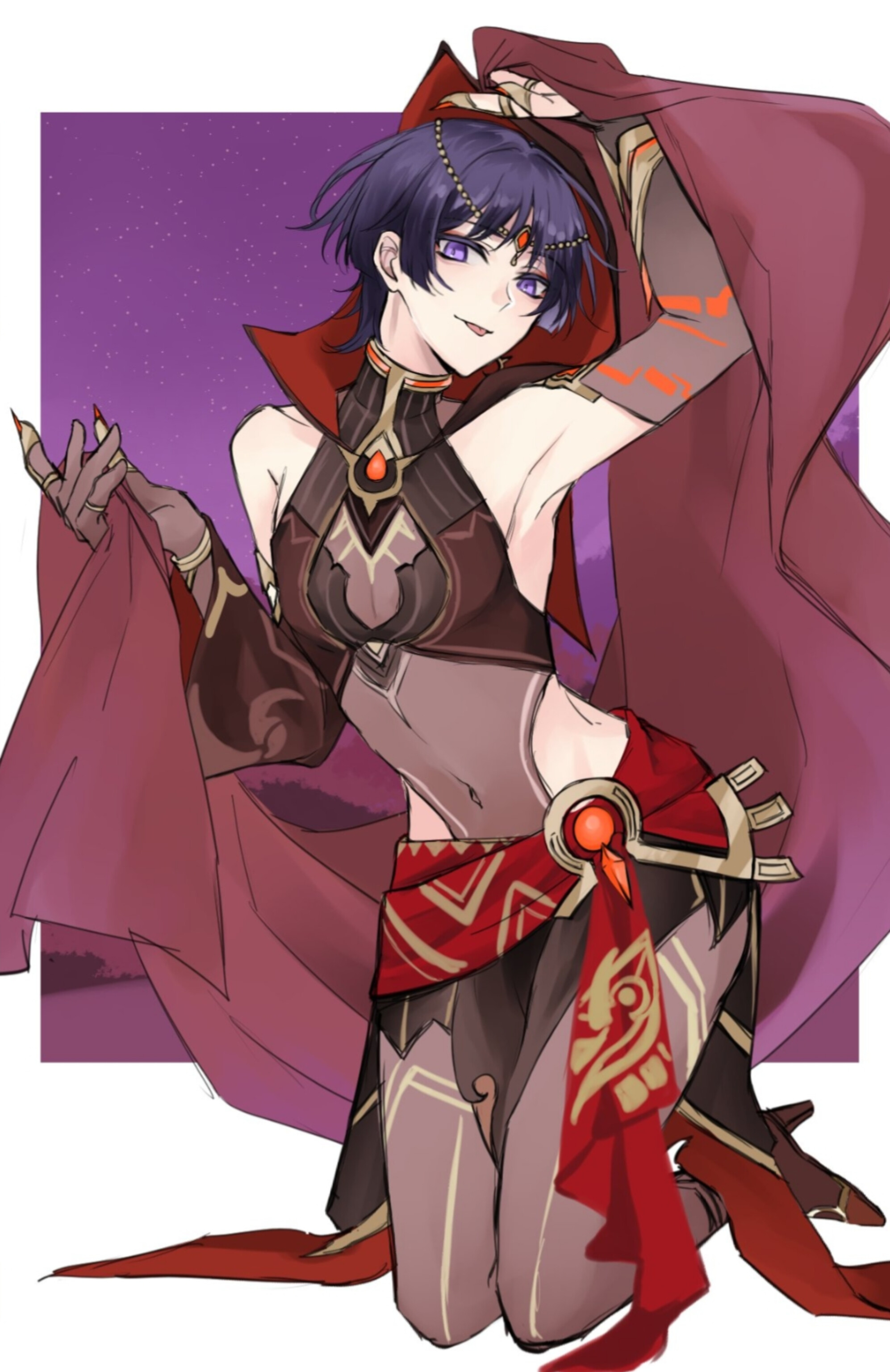 crossdressing, curvy, femboy, feminine male, genshin impact, male, otoko no ko, purple eyes, purple hair, scaramouche (genshin impact), tagme, thick, trap