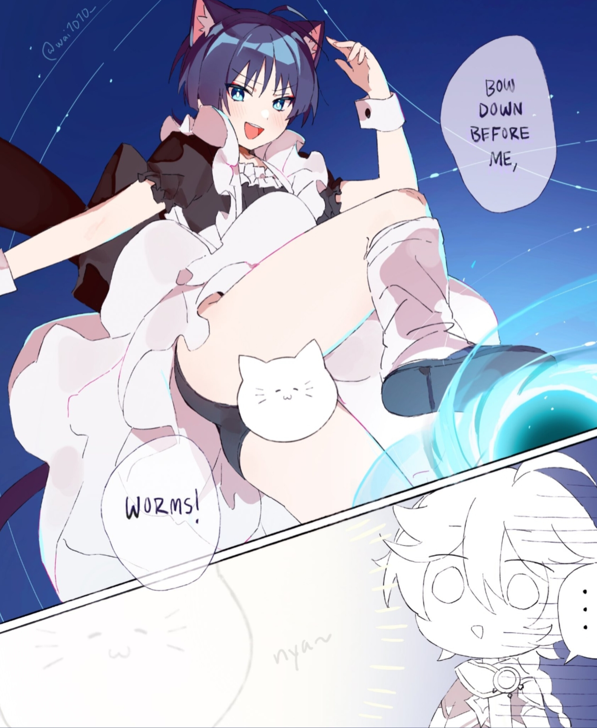 aether (genshin impact), cat ears, cat tail, degradation, exposed ass, femboy, feminine male, genshin impact, maid outfit, male, otoko no ko, purple eyes, purple hair, scaramouche (genshin impact), stepping, tagme, trap