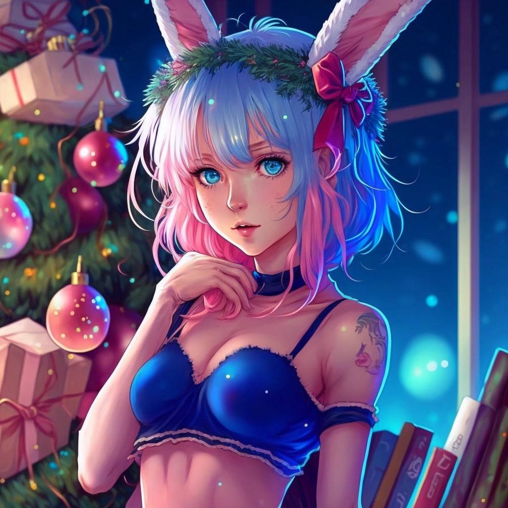 baka bikini bikini_top blue_bikini blue_hair blush bunny_ears kavuneviy_minecraft looking_at_viewer shoulders sussy