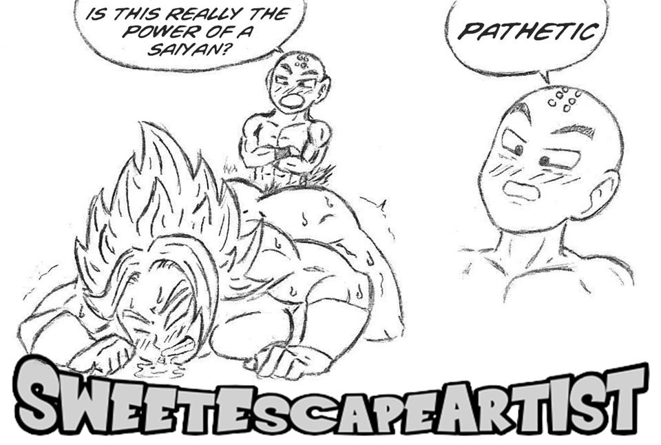 1boy 1girls after_sex doggy_style doggystyle dragon_ball dragon_ball_super english_text female from_behind from_behind_position kale krillin kuririn legendary_super_saiyan male monochrome nude_female nude_male sex sketch sweetescapeartist text universe_6_girls